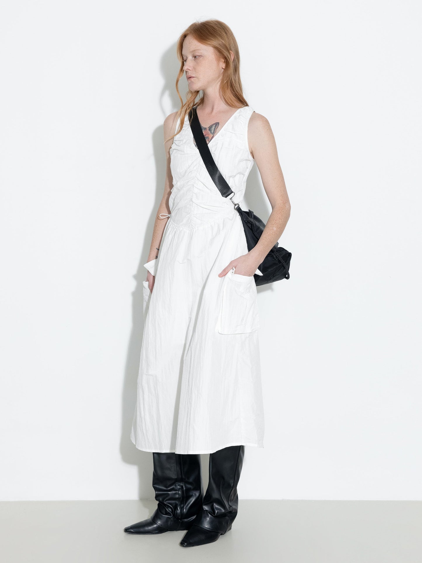 Drawstring Pleated V-Neck Sleeveless Dress