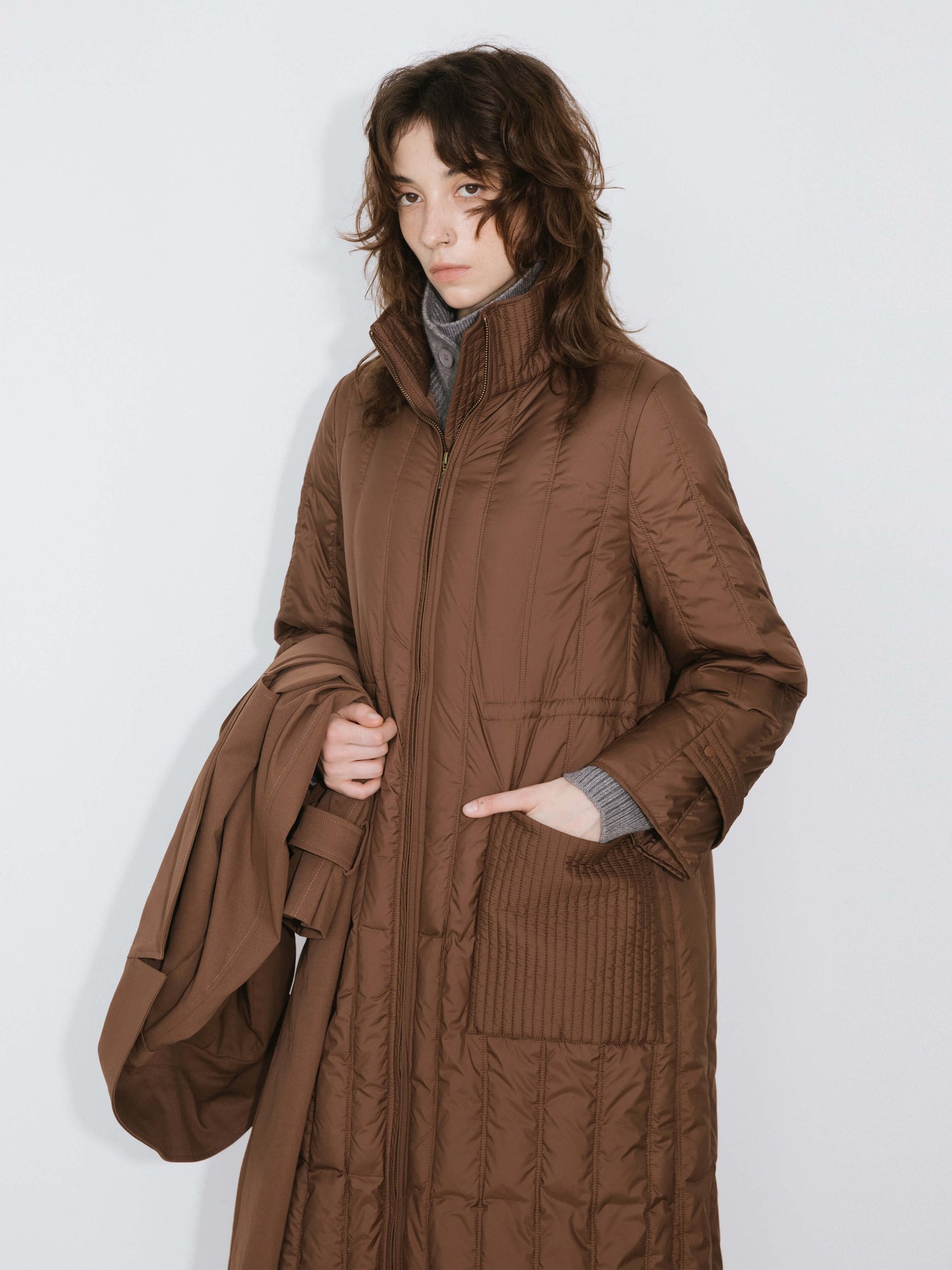 ONE BY CUBIC Double-Layer Long Trench Coat Style Down Coat
