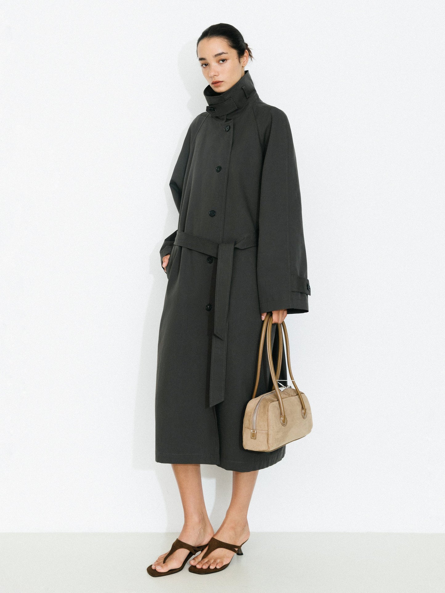 Stand Collar Longline Tie-Waist Trench Coat