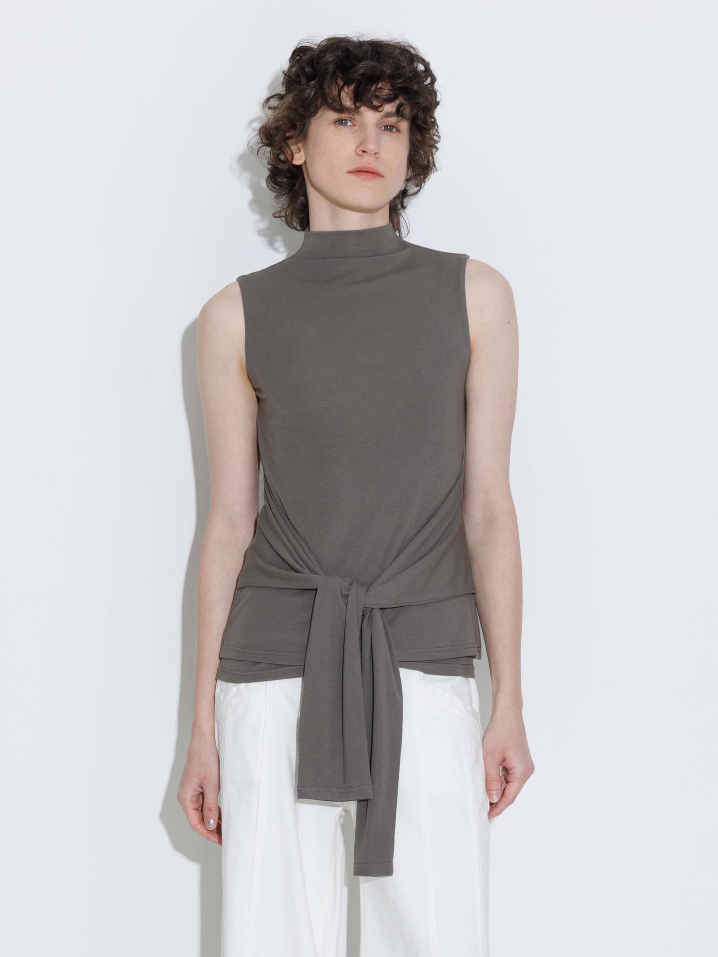 Tie-Detail Sleeveless Mock Neck Top