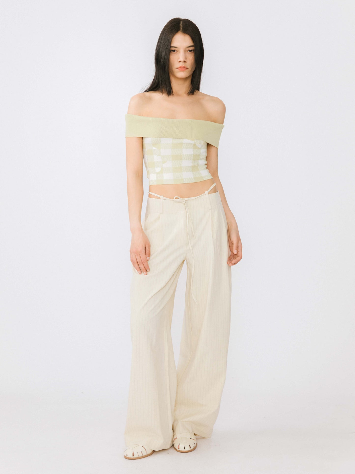 Beige Vertical Striped Wide Leg Casual Trousers