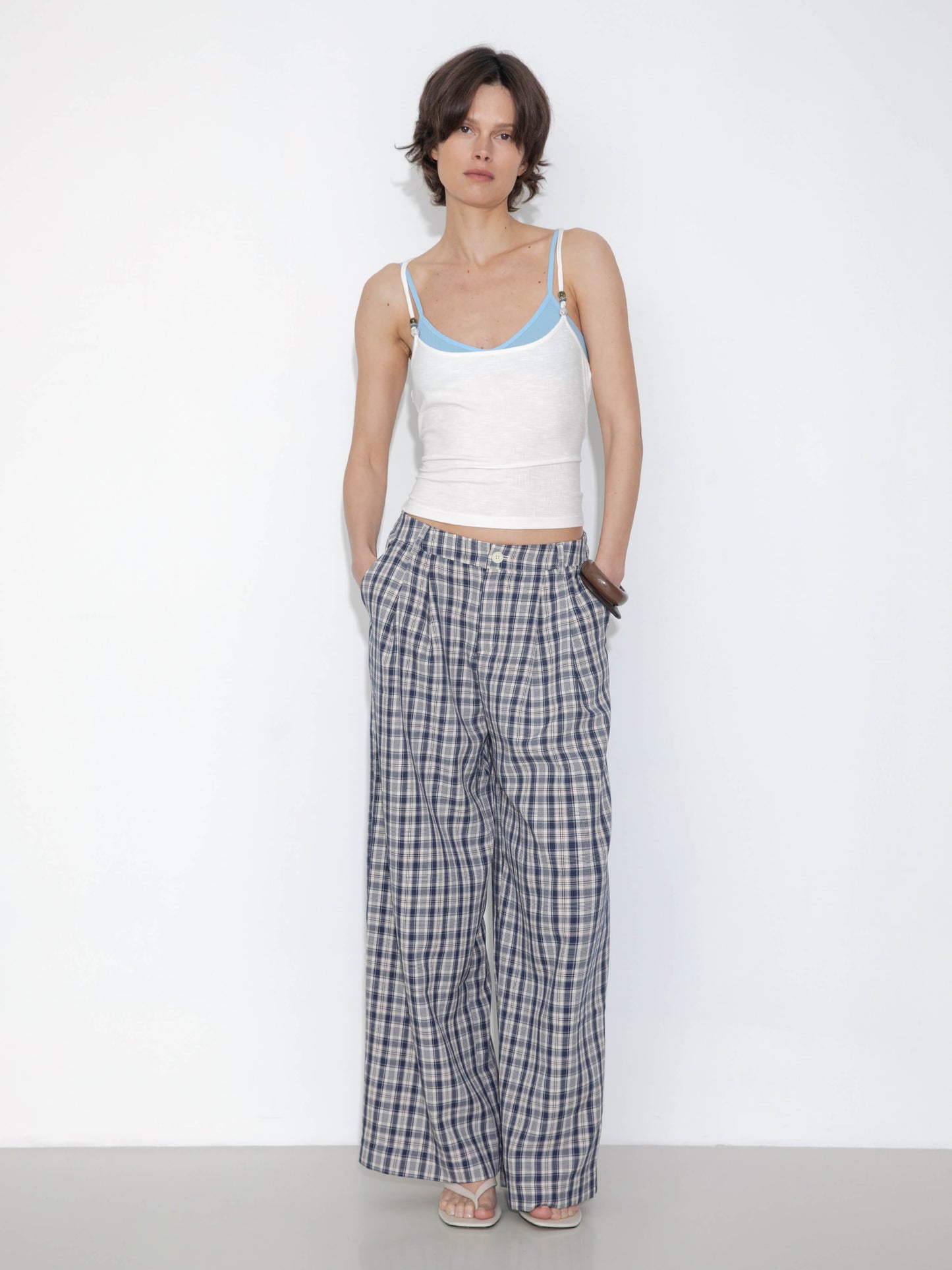 Striped Check High-Waisted Wide-Leg Casual Pants