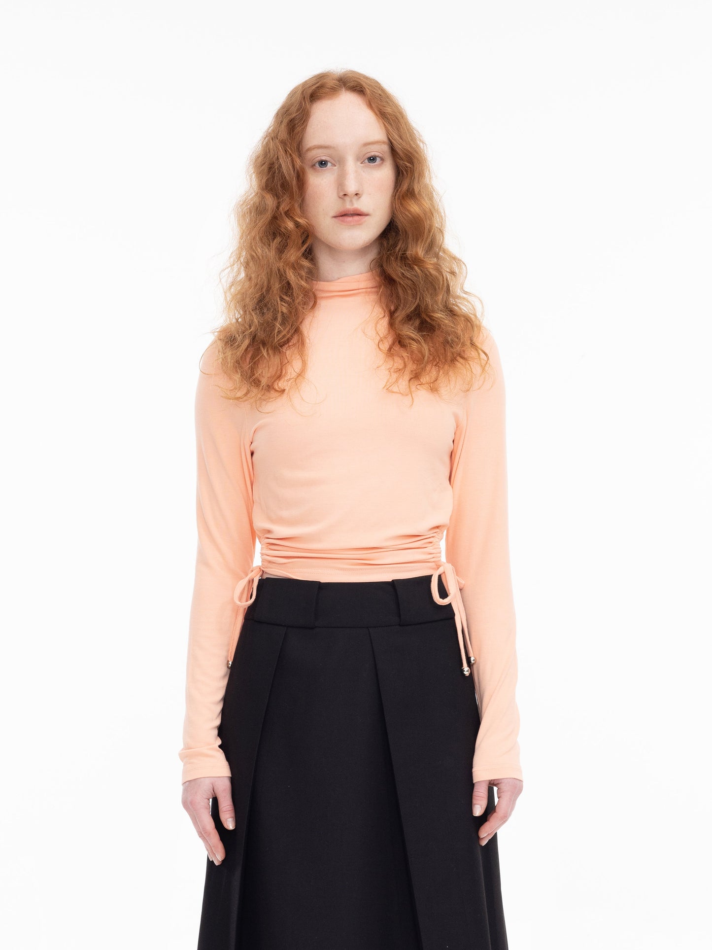 Drawstring Side Cut Out High Neck Top