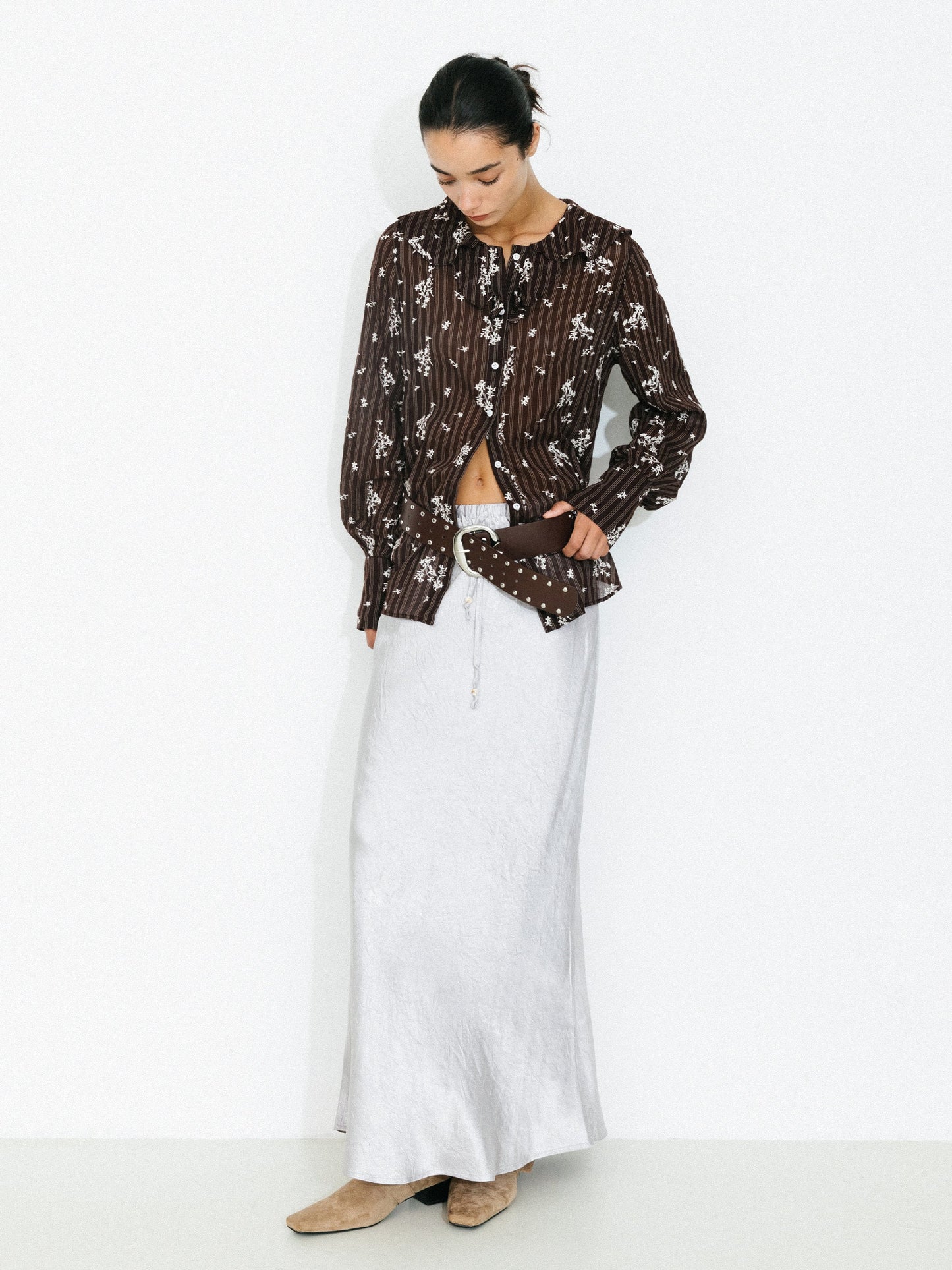 Striped Floral Ruffle Collar Cotton Shirt