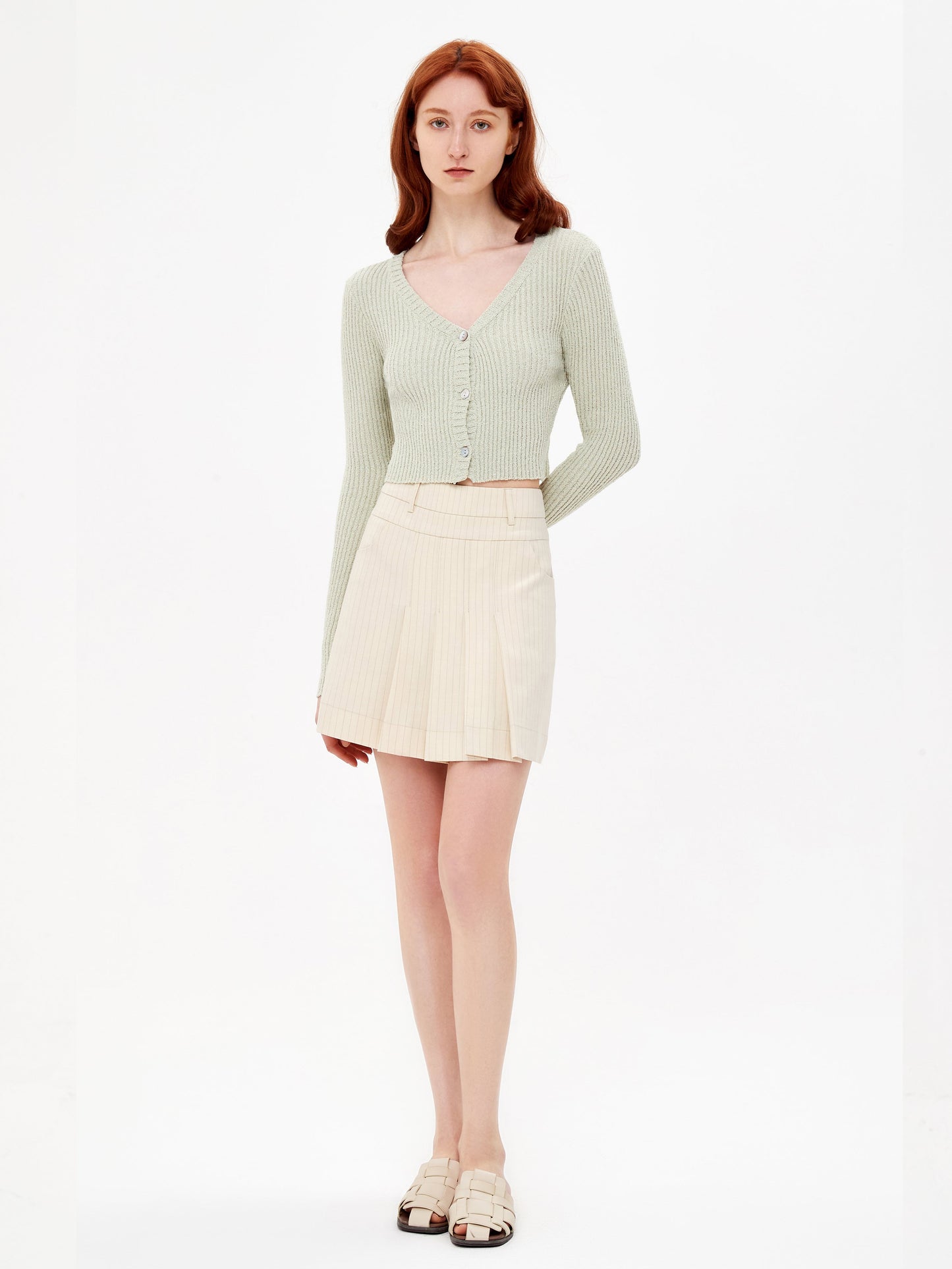 Cropped V-neck Rib Knit Cardigan