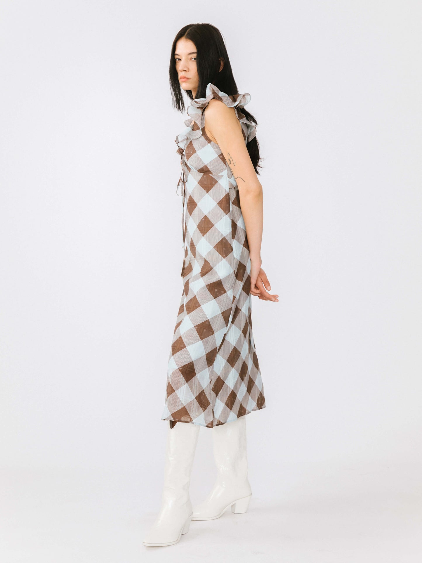 Checked V-neck Ruffled Sleeveless Dress