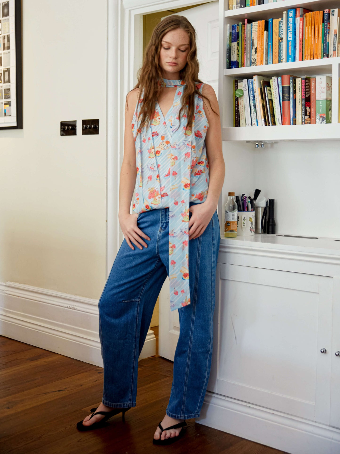 V-Neck Sleeveless Top with Scarf Tie