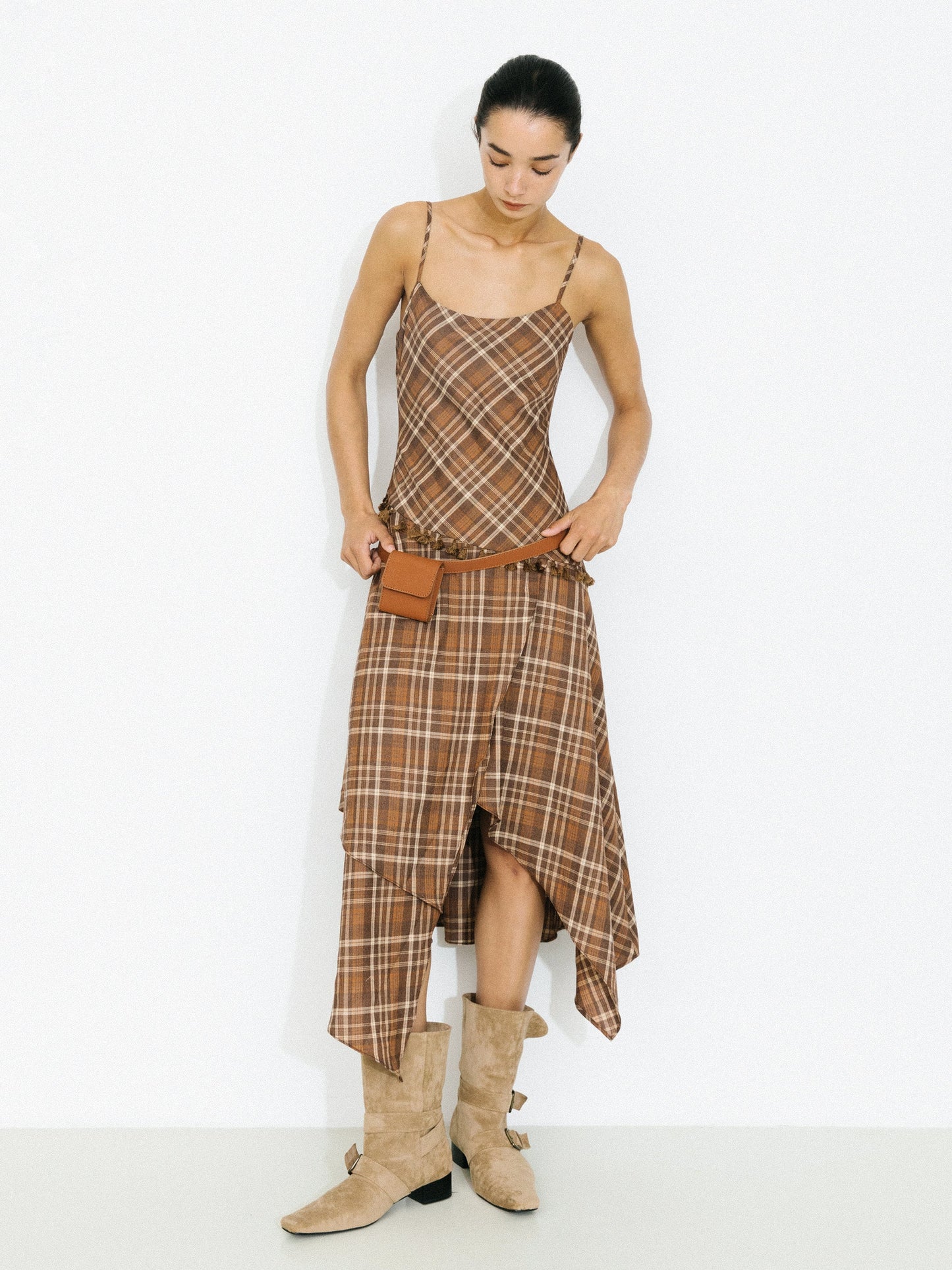 Checkered A-Line Cami Dress with Asymmetrical Hem