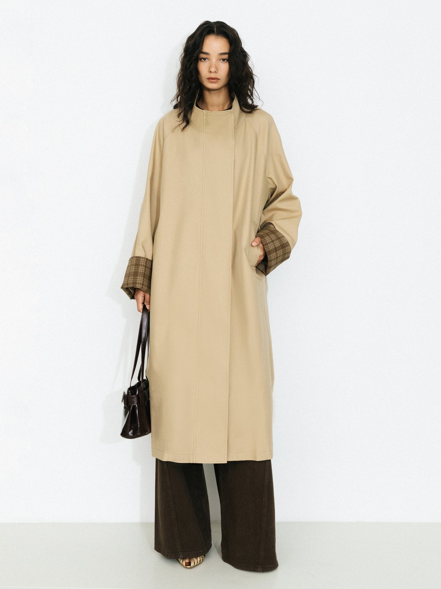 Funnel Neck Colorblock Cuff Trench Coat