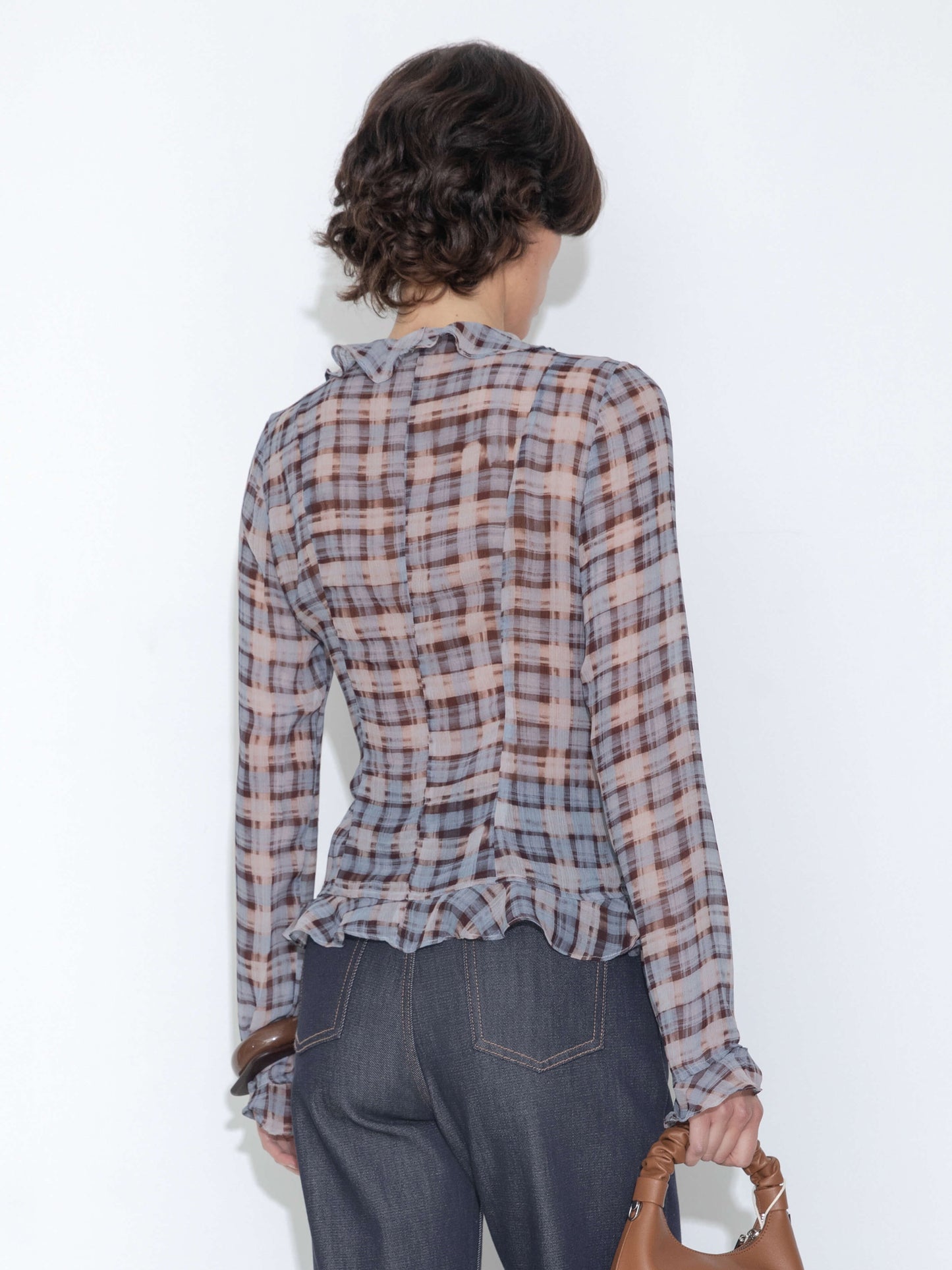Semi-Sheer Ruffle Trim Check Shirt