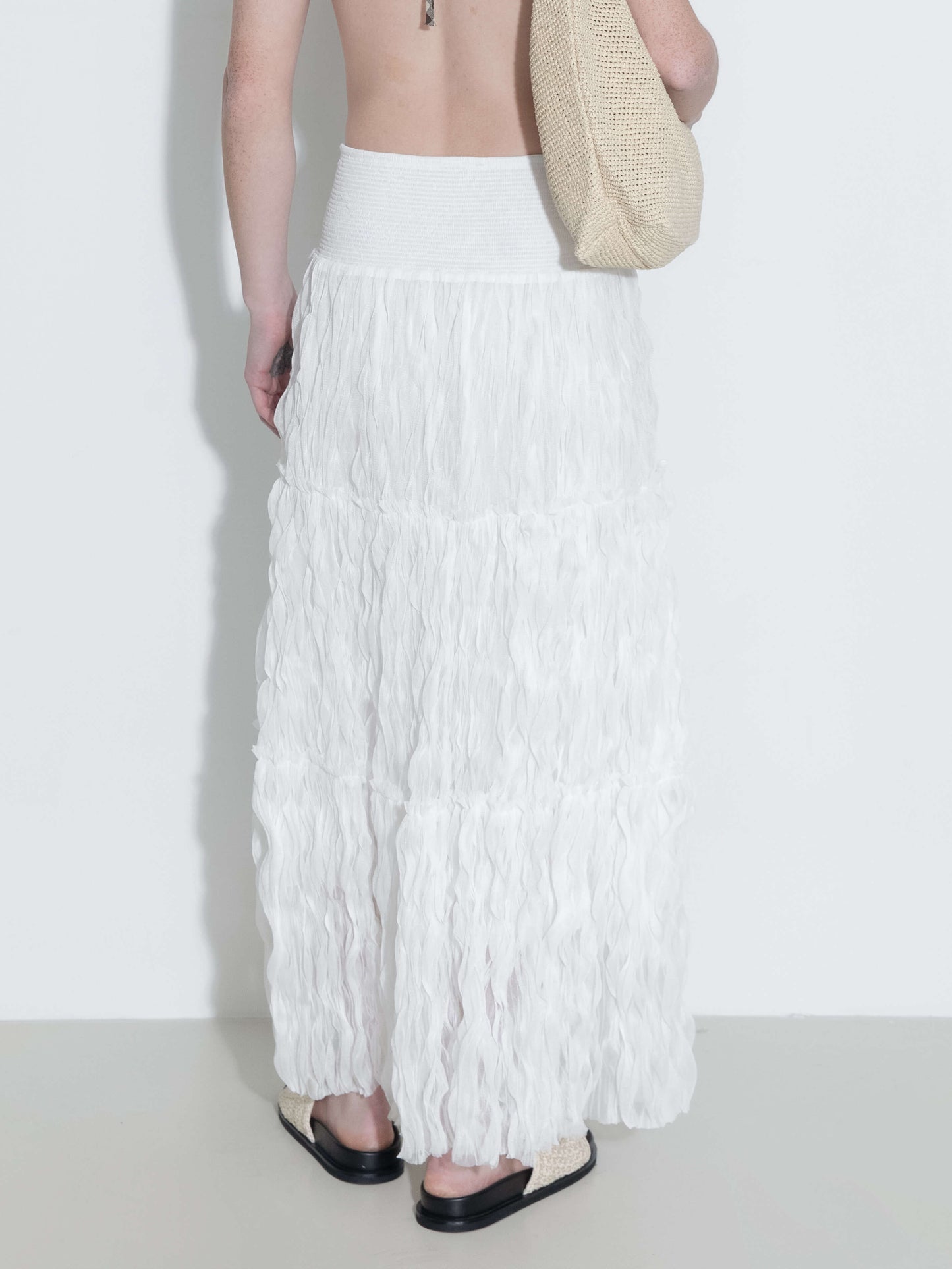 White Wavy Draped Midi Skirt
