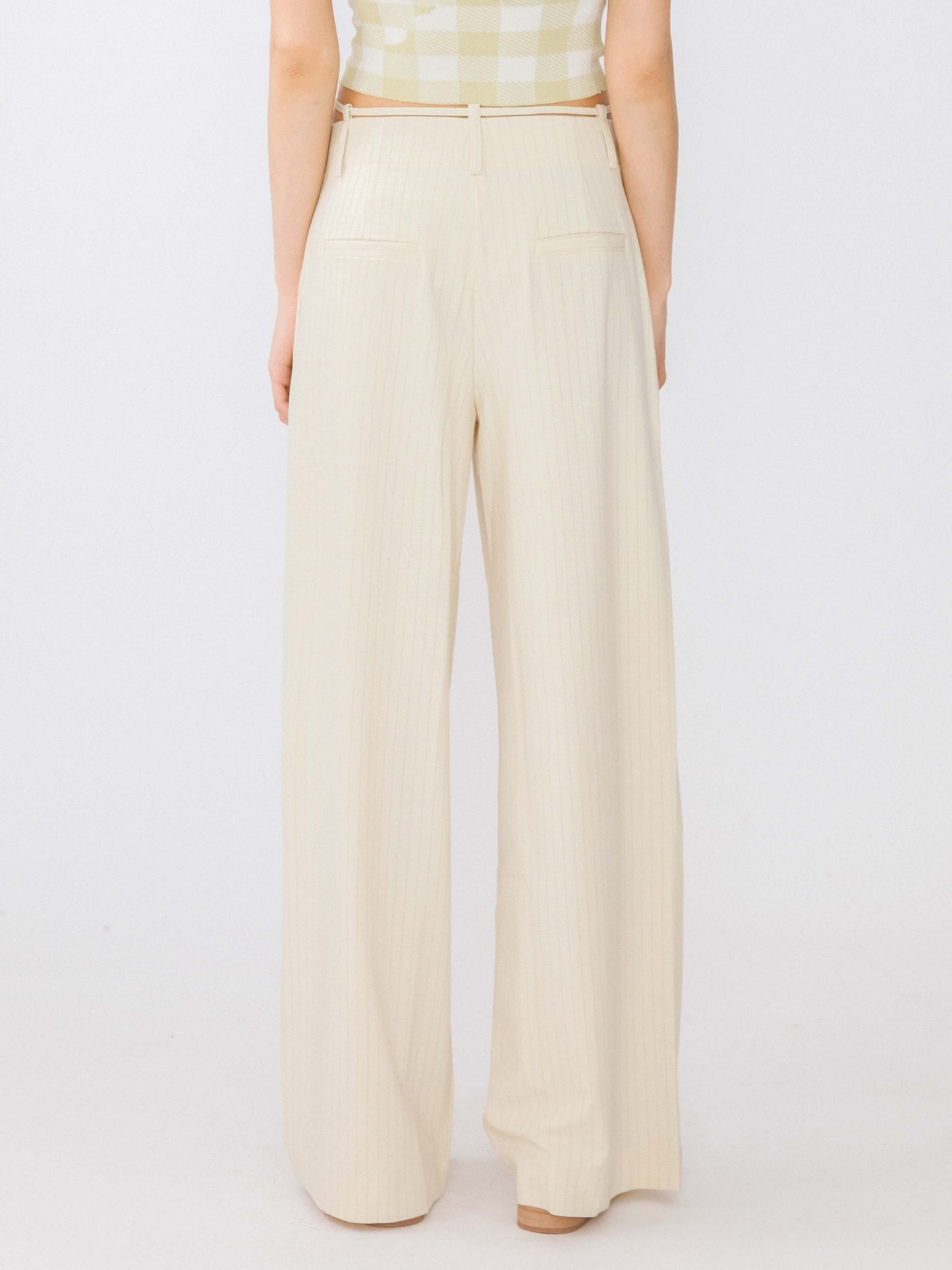 Beige Vertical Striped Wide Leg Casual Trousers