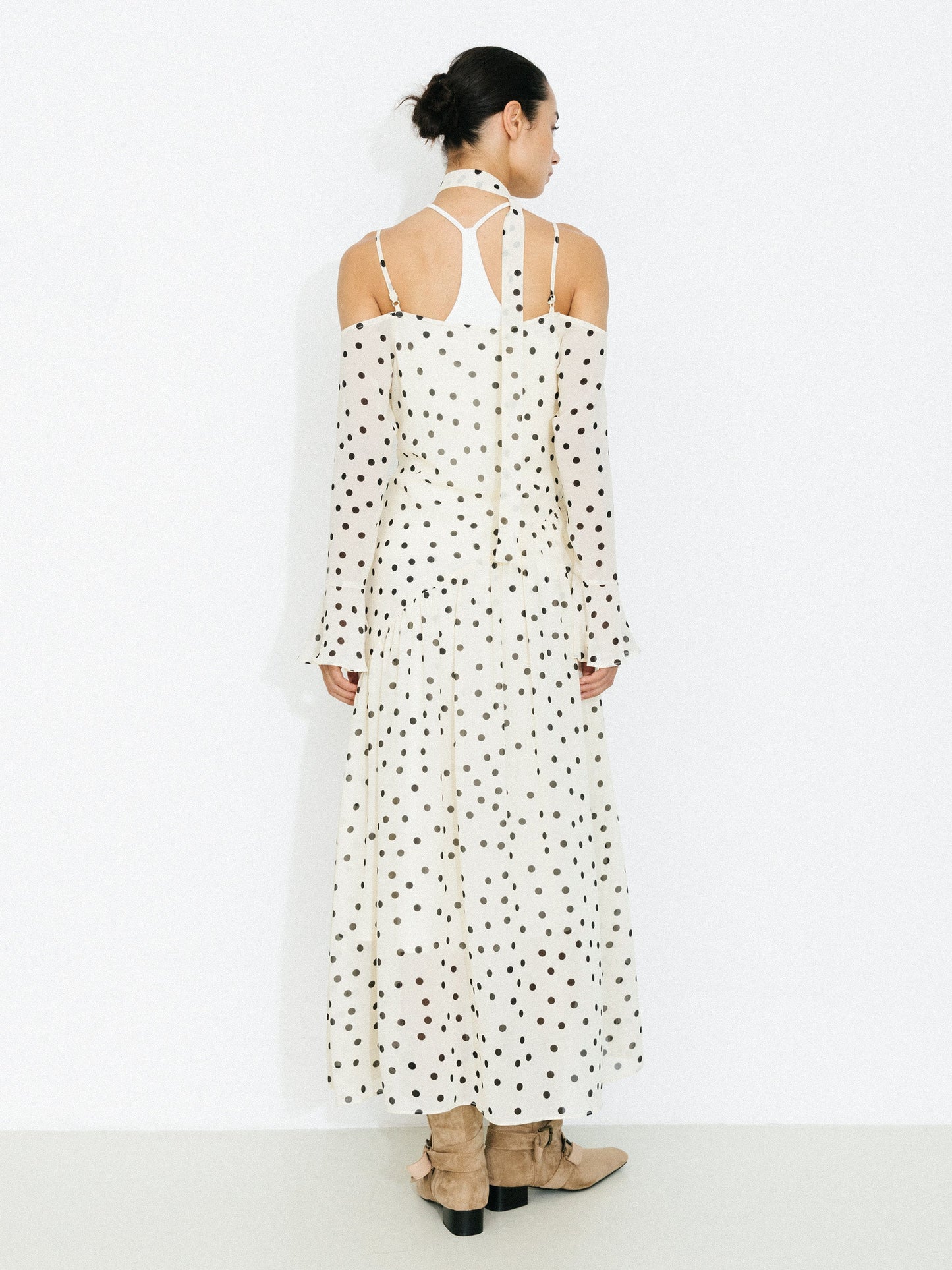 Polka Dot Off-Shoulder Cami Sleeve Maxi Dress