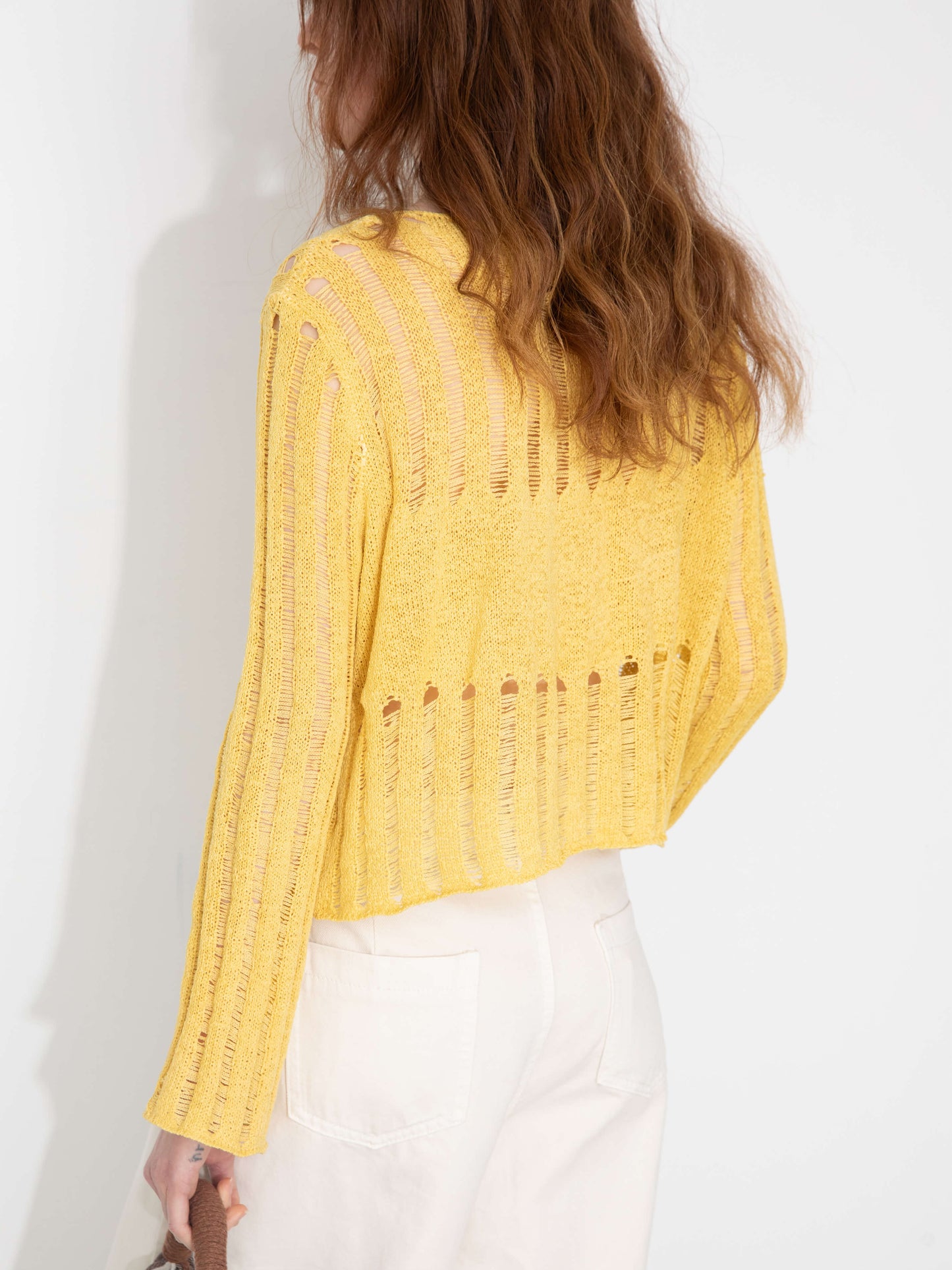 Beaded Hollow-Out Knit Top with Flare Sleeves