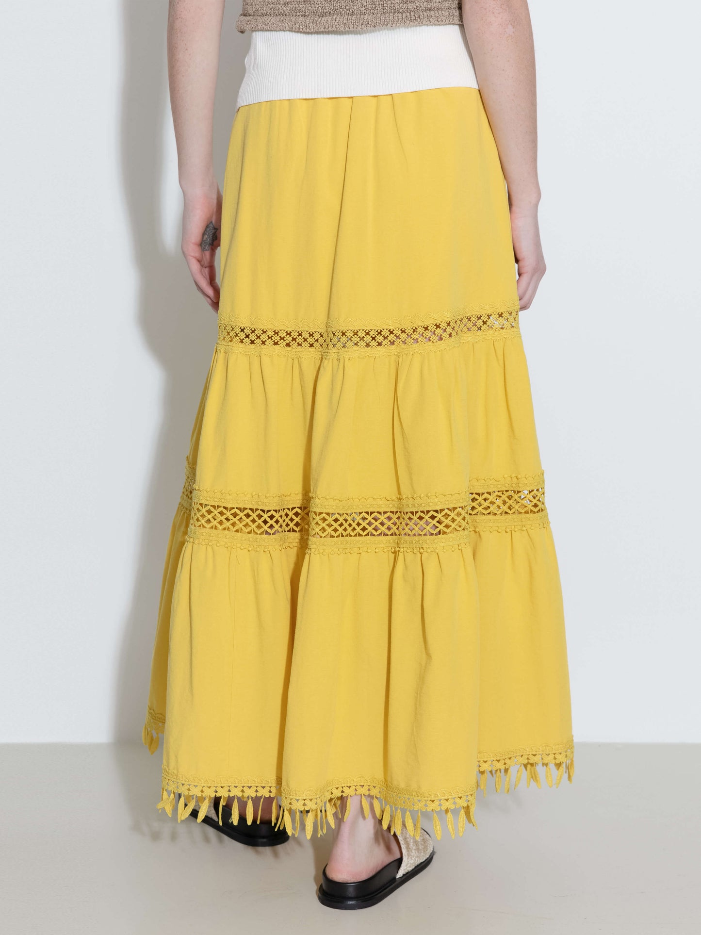 High-Waisted Hollow Out Tassel Trim Maxi Skirt