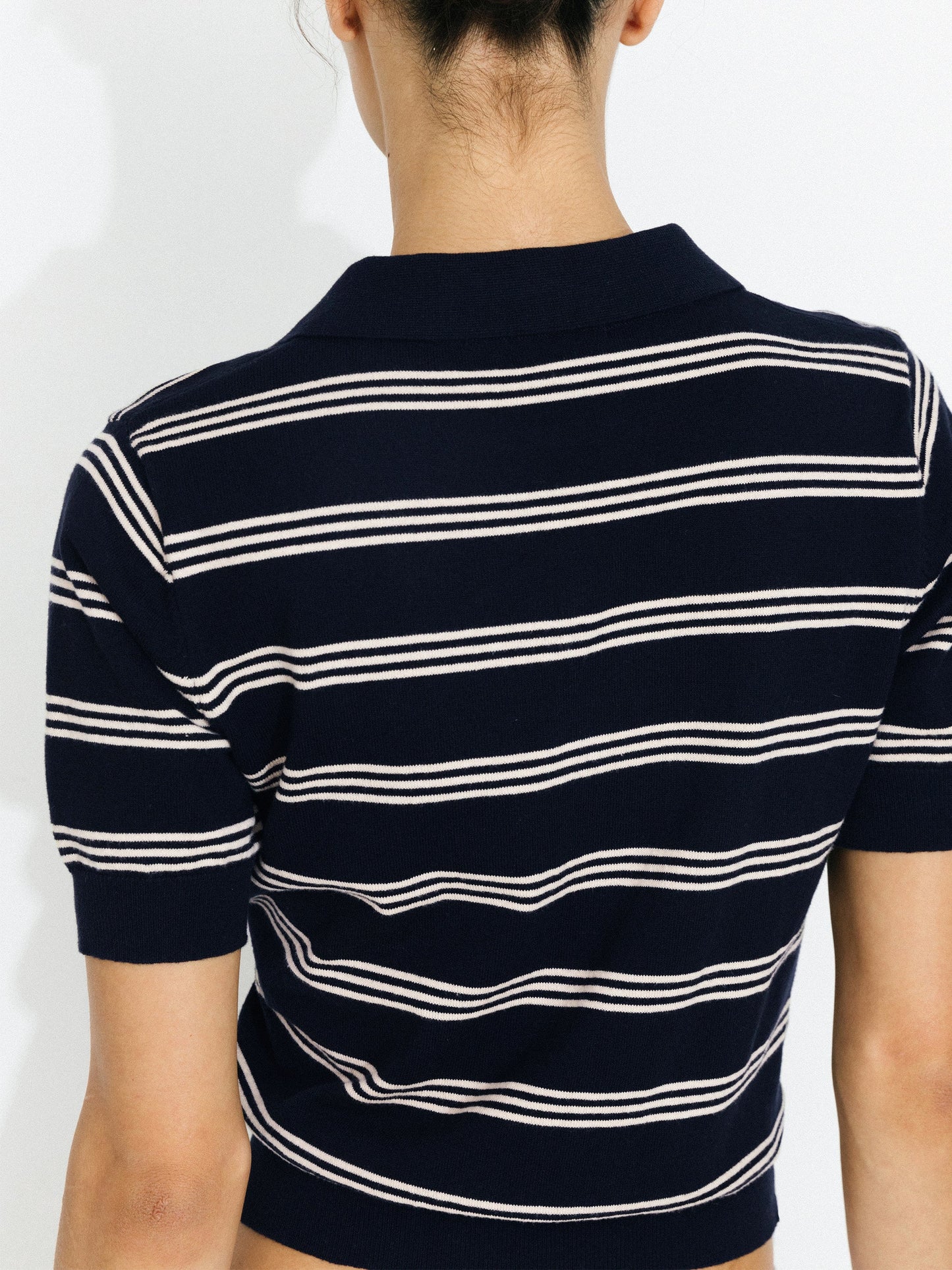 Striped Cropped Polo Collar Cotton T-Shirt