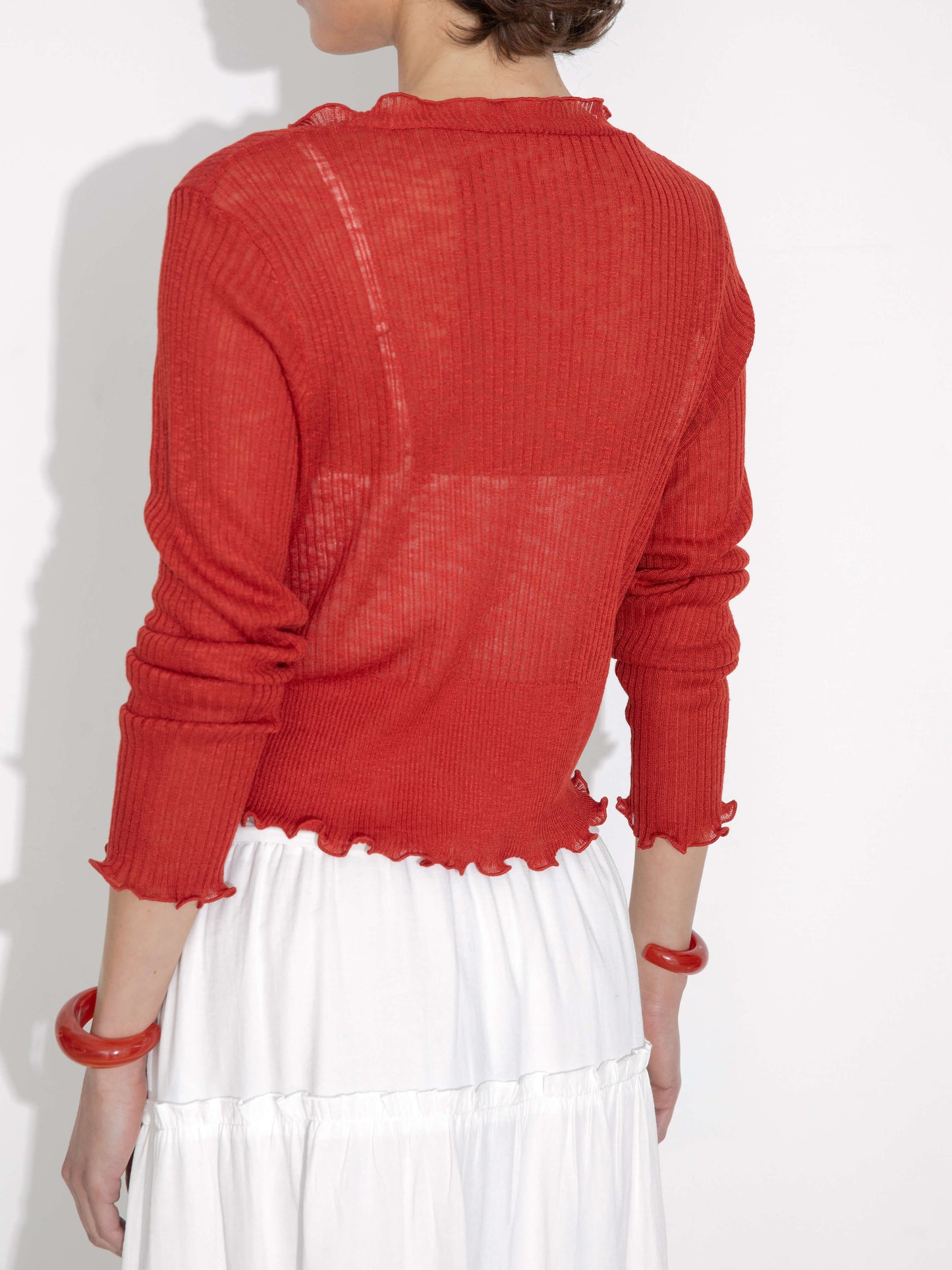 V-Neck Knit Cardigan with Ruffled Long Sleeves