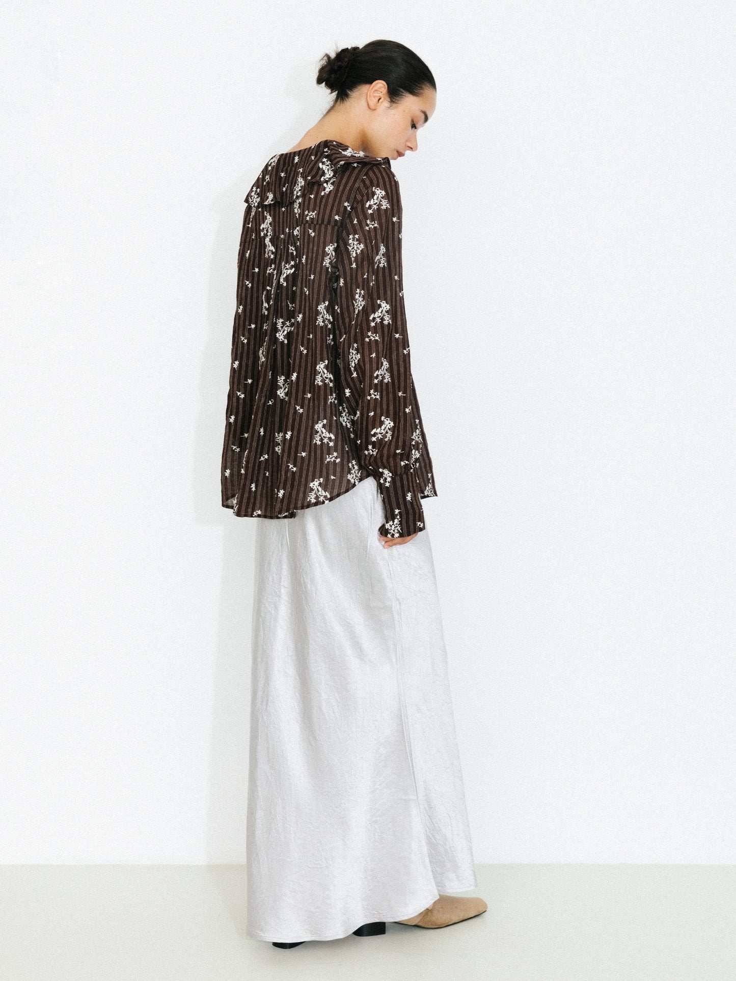 Striped Floral Ruffle Collar Cotton Shirt