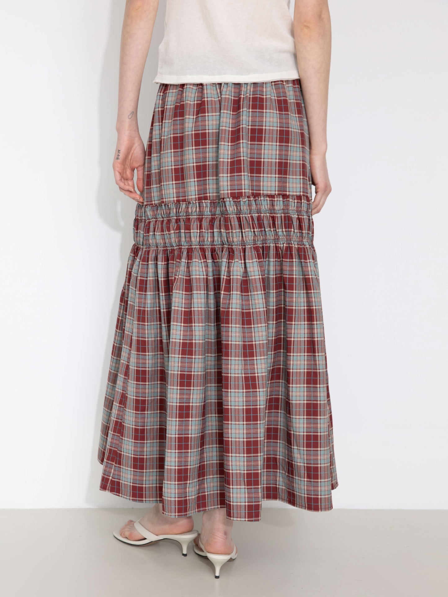 Elastic Drawstring High Waist Checked Skirt