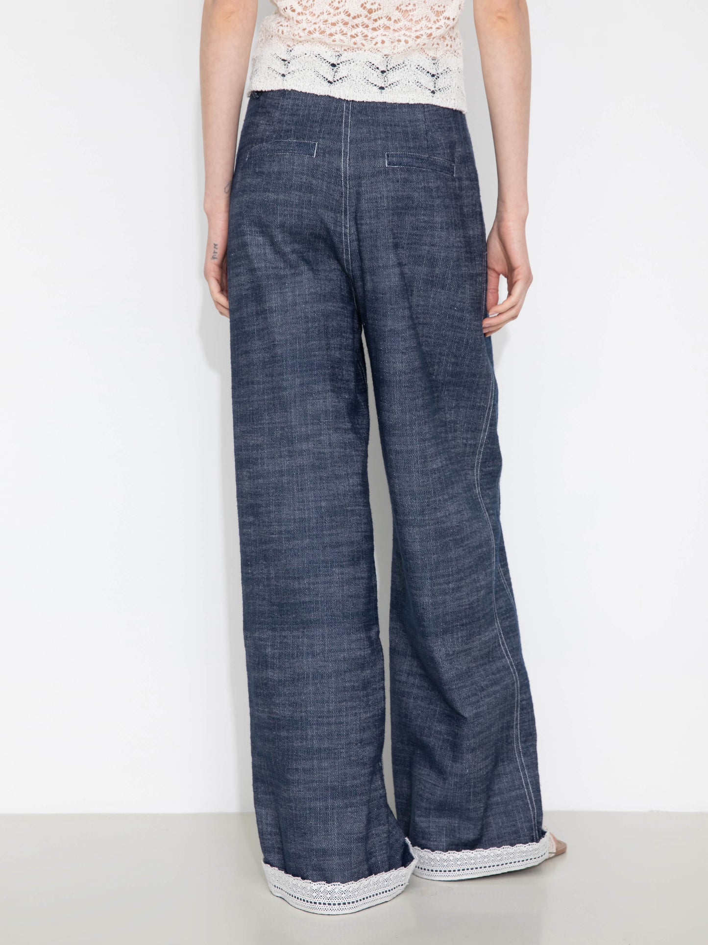 Linen-Cotton Lace Wide-Leg Straight Jeans