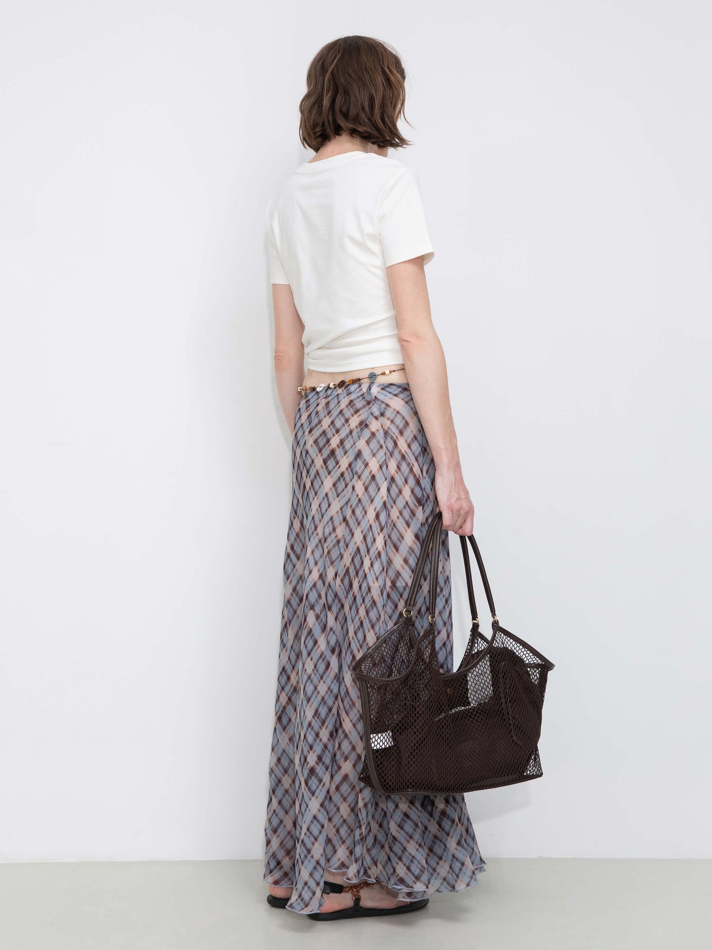 Asymmetrical Flowy Check Maxi Skirt-Blue