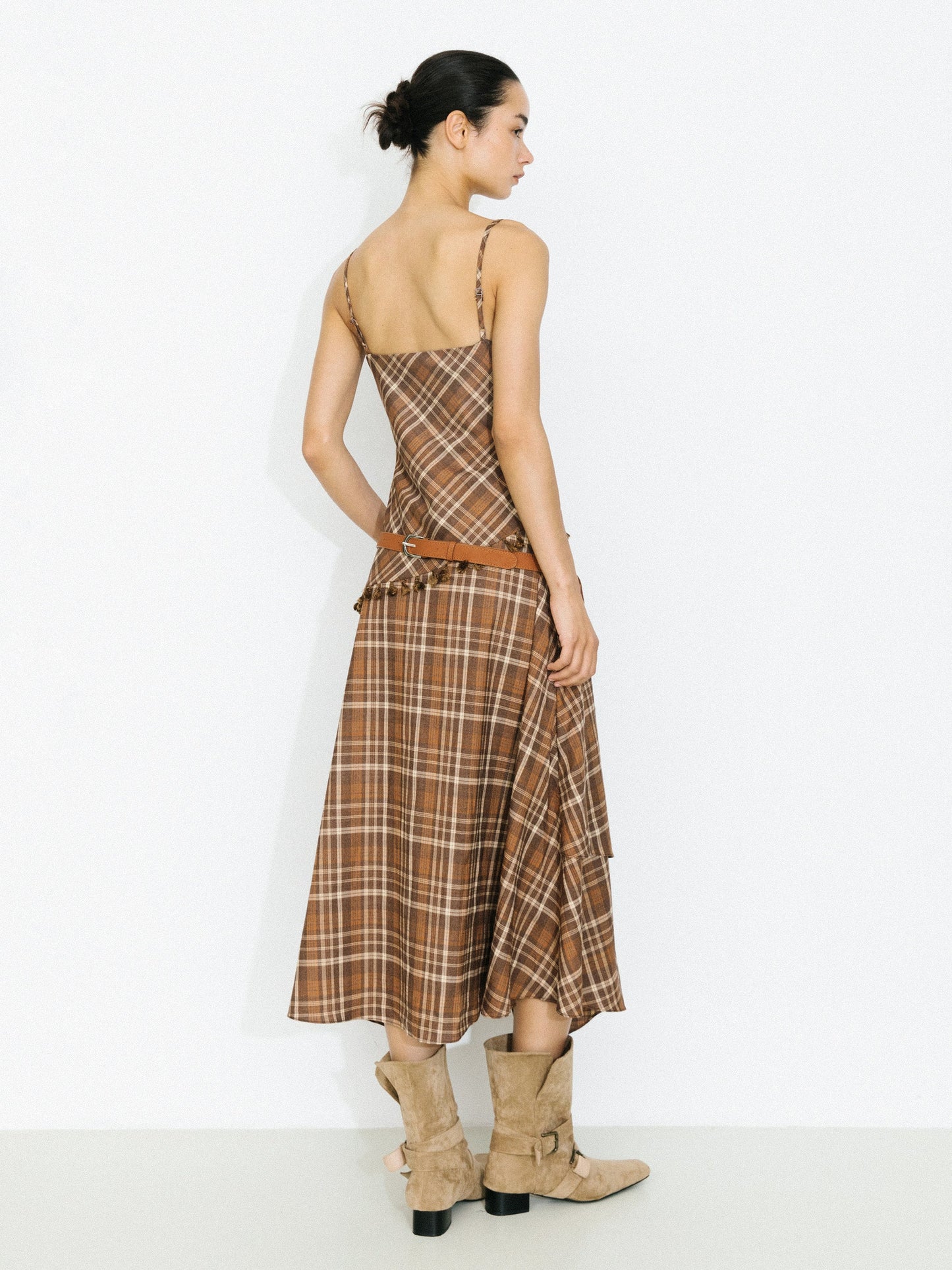 Checkered A-Line Cami Dress with Asymmetrical Hem