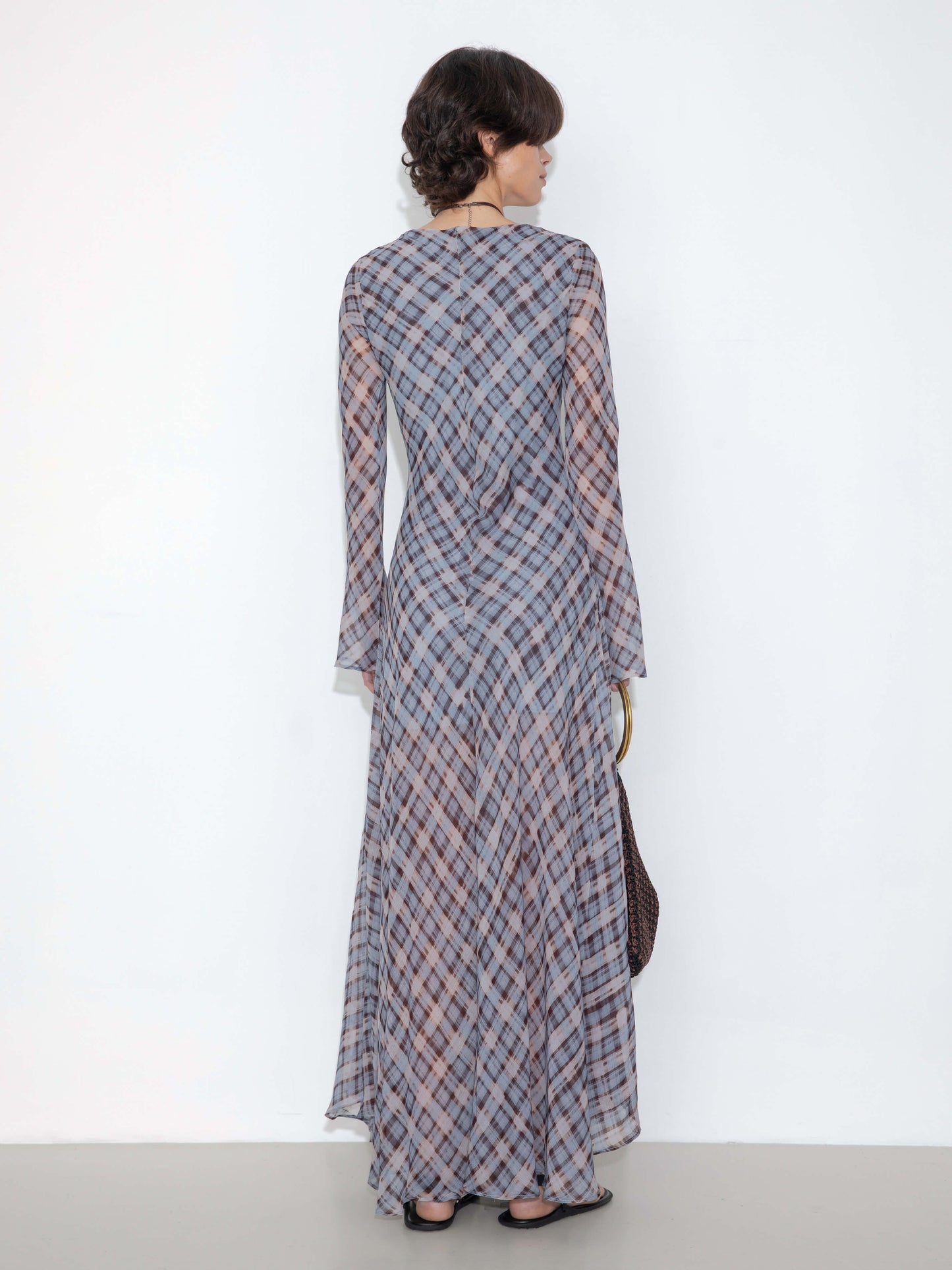 Checkered Crew Neck Long Sleeve Dress
