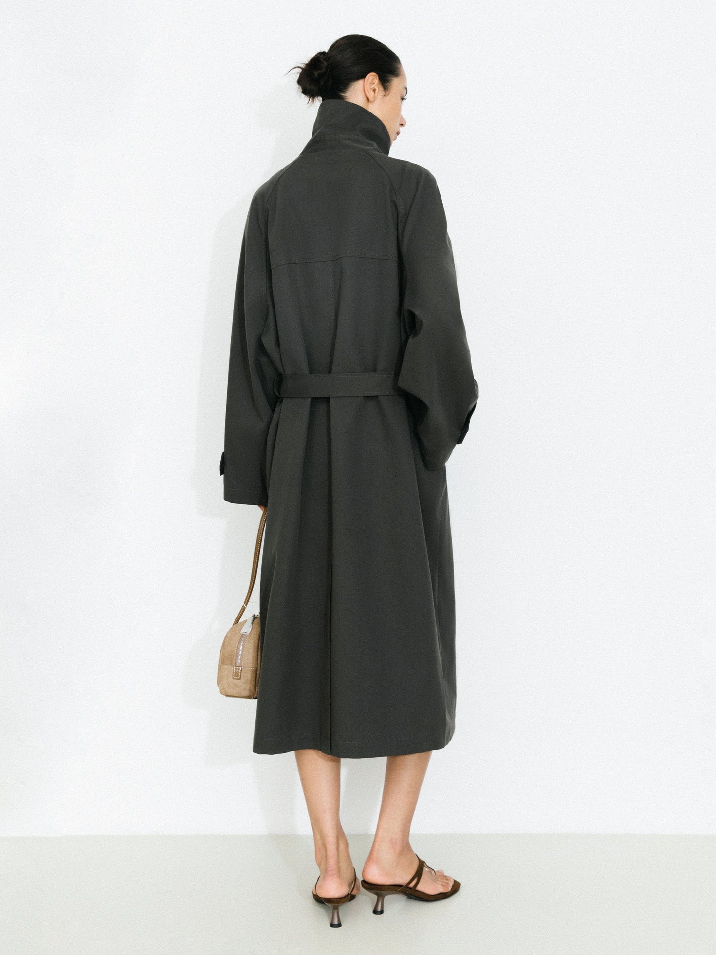 Stand Collar Longline Tie-Waist Trench Coat