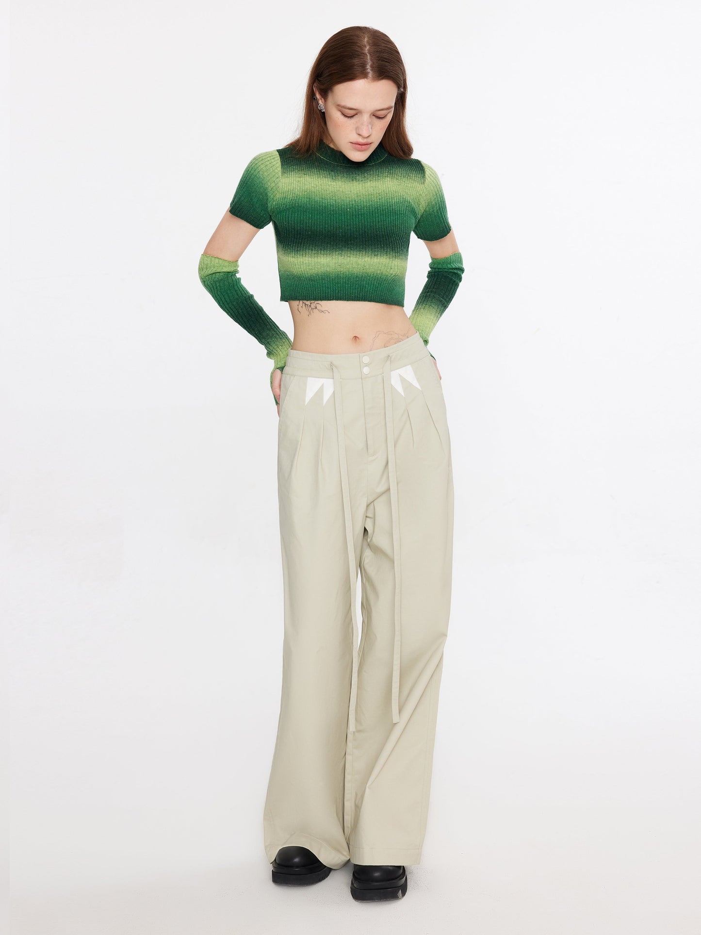 Striped Cropped Knit T-Shirt With Sleeves