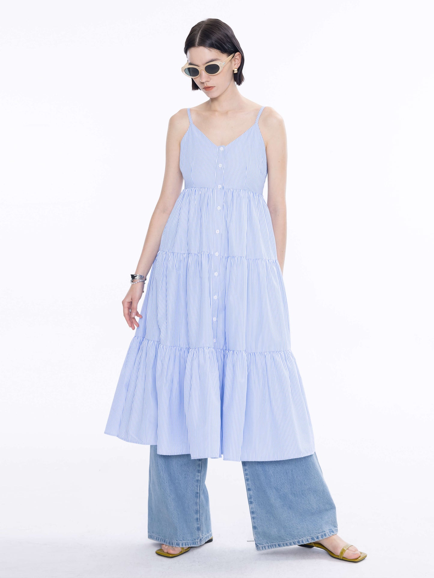 Pinstripe Spaghetti Strap Tiered Dress