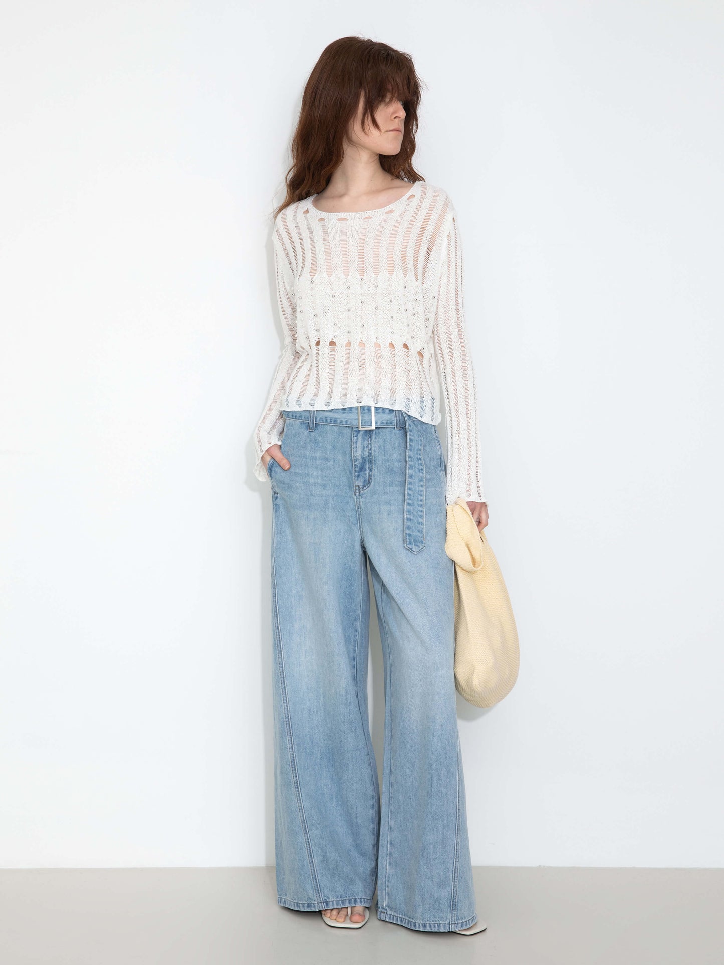 Beaded Hollow-Out Knit Top with Flare Sleeves