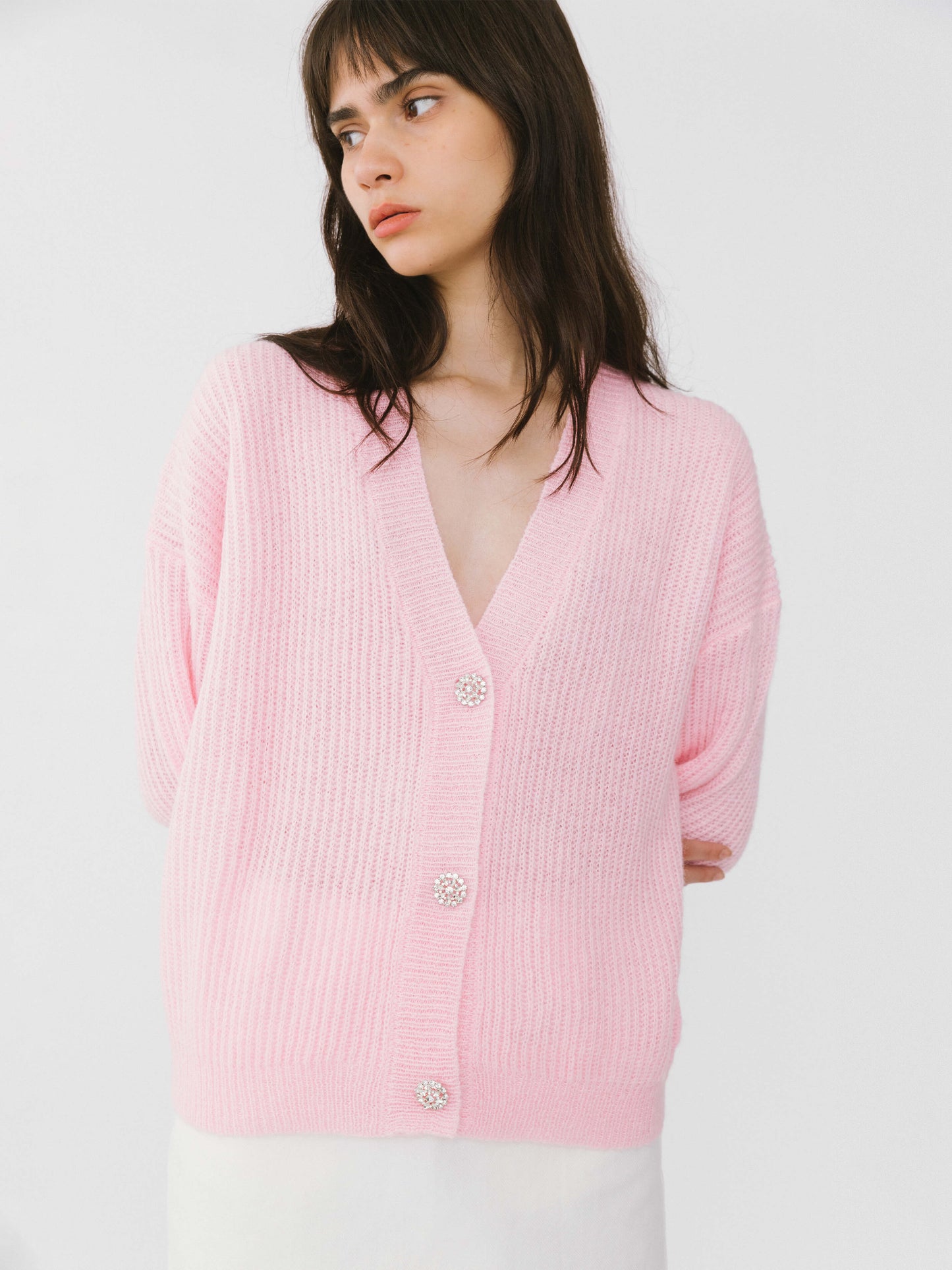 Casual V-Neck Ribbed Knit Cardigan with Wool Blend