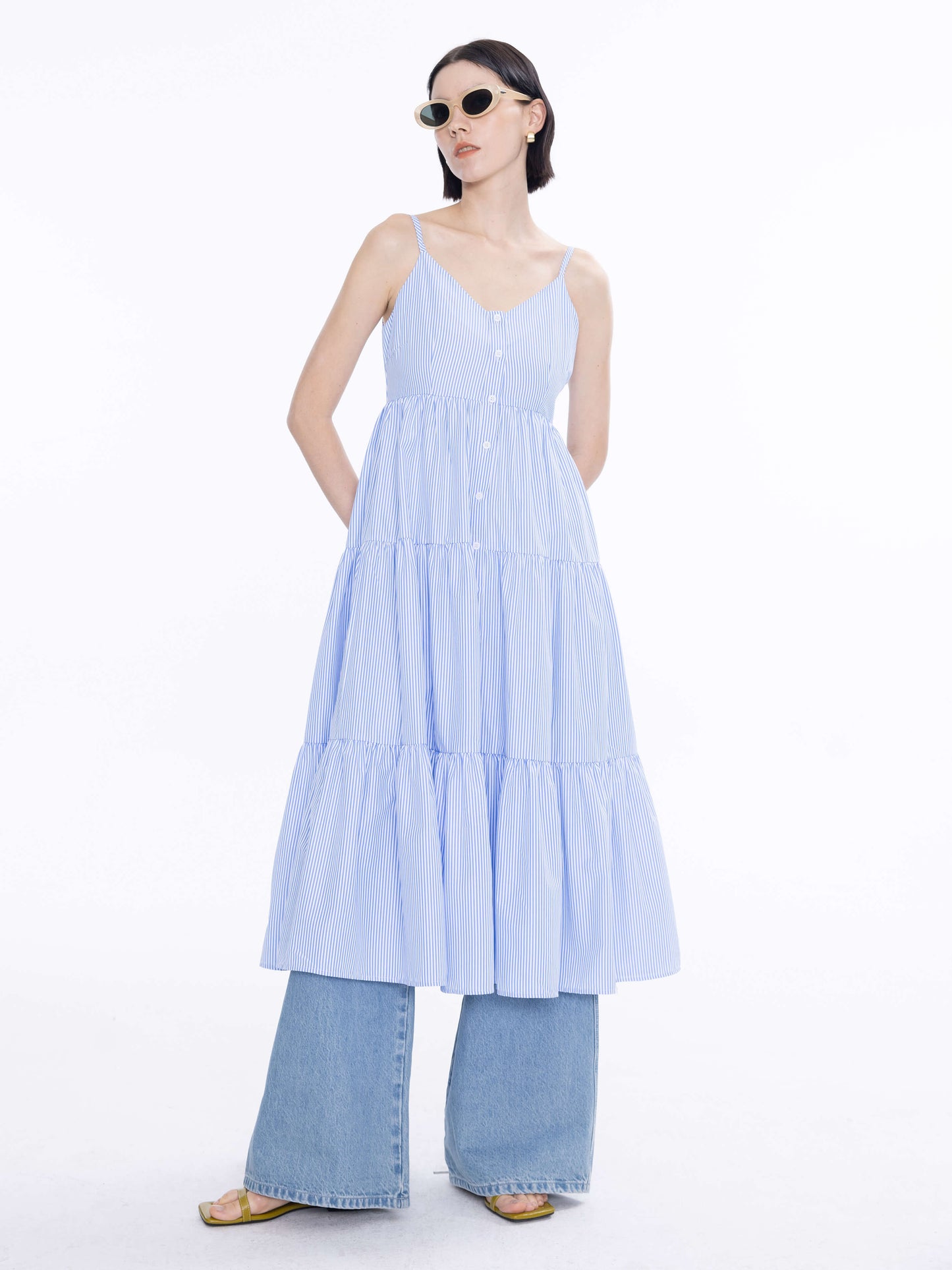 Pinstripe Spaghetti Strap Tiered Dress