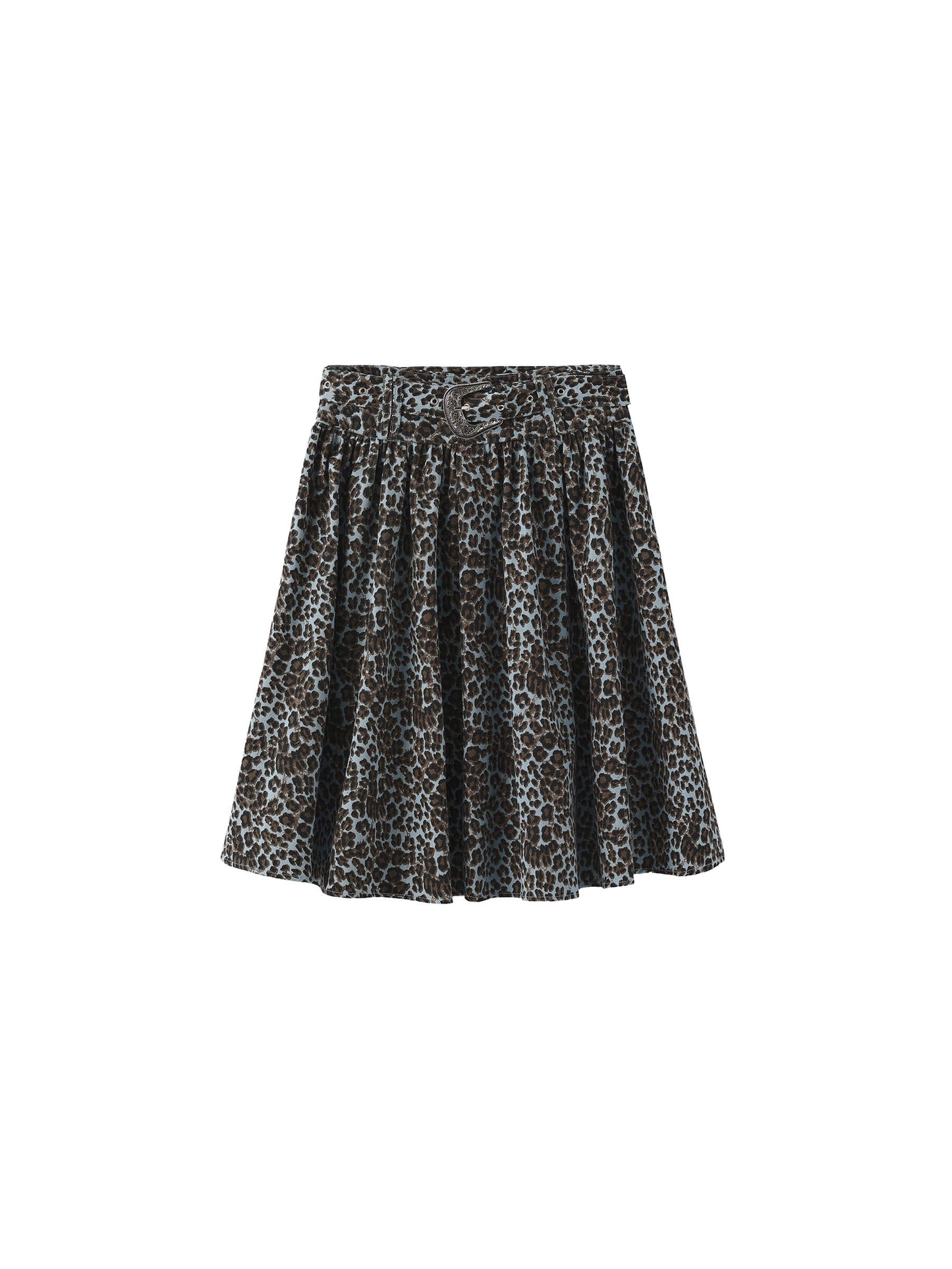 Leopard Print Pleated A-Line Skirt with Belt