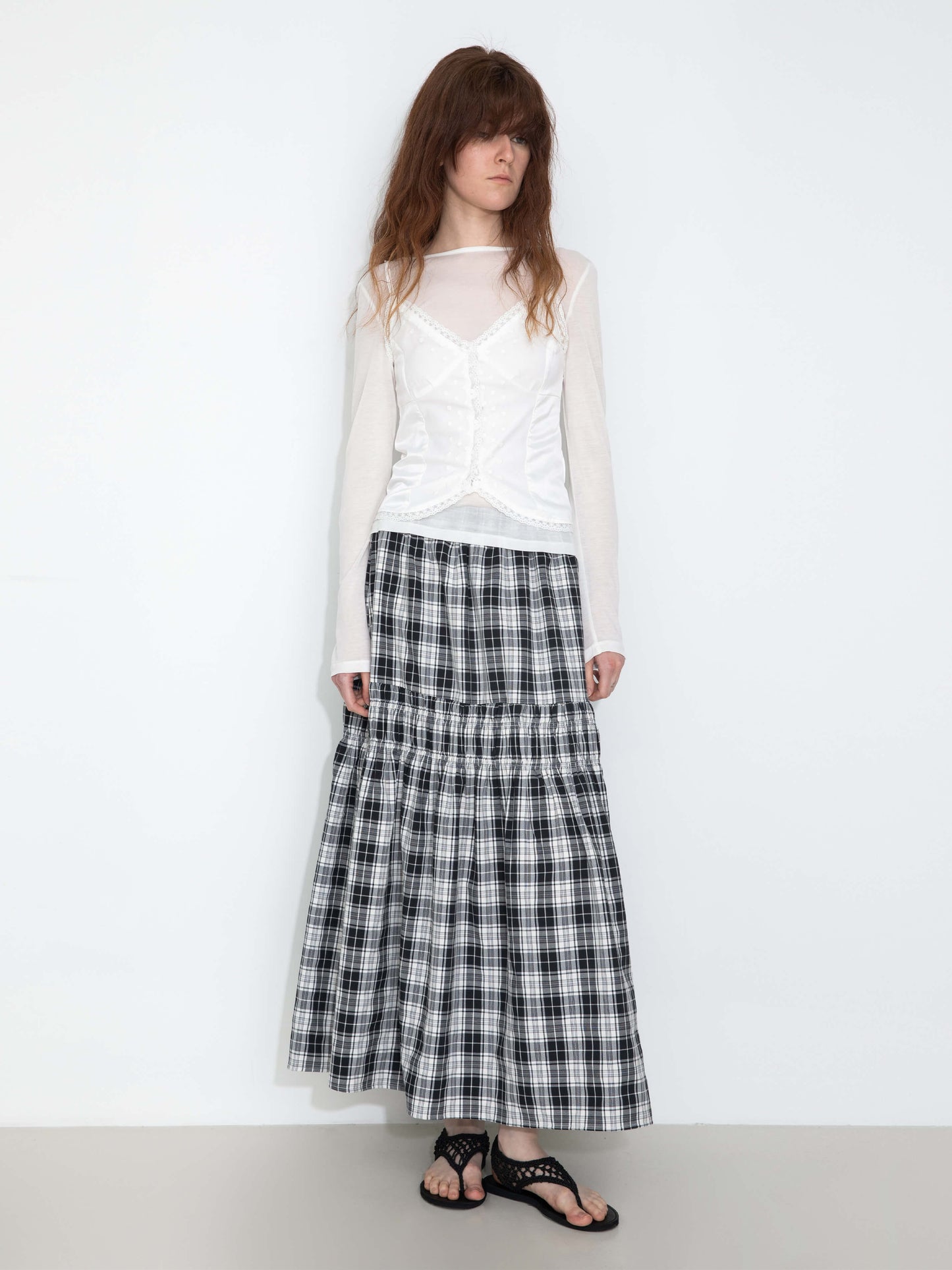 Elastic Drawstring High Waist Checked Skirt