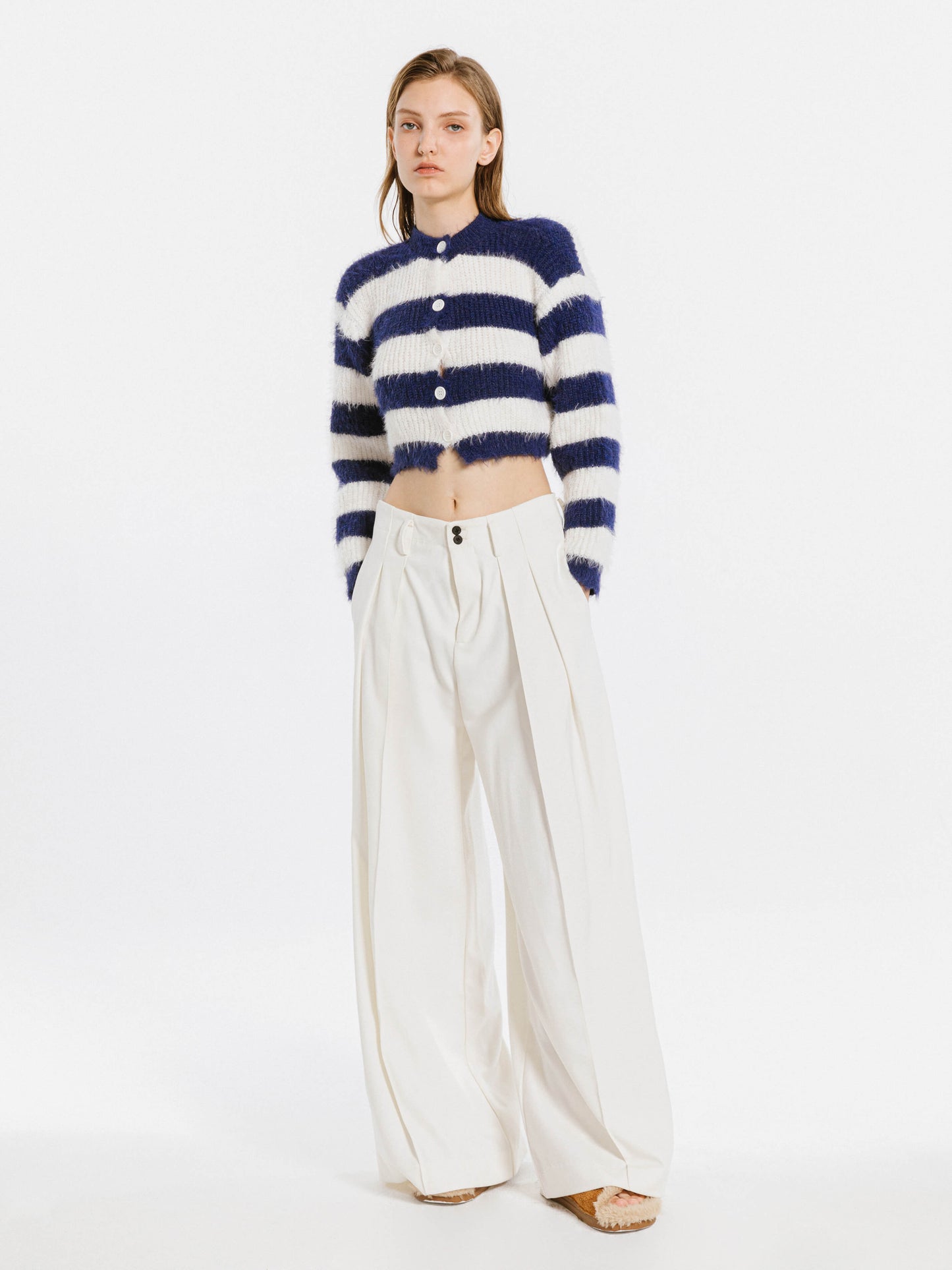 Striped Mock Neck Fluffy Cardigan