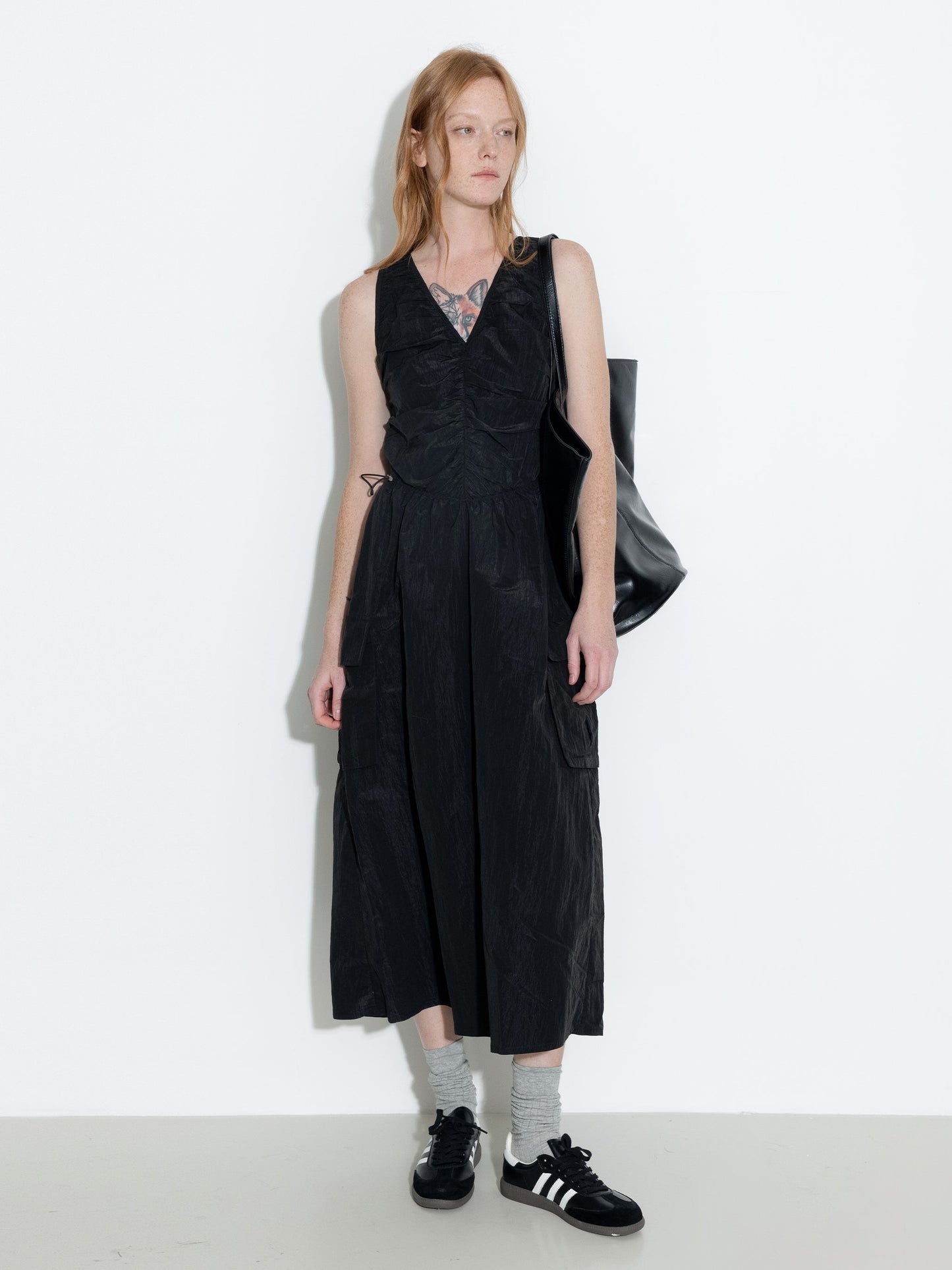 Drawstring Pleated V-Neck Sleeveless Dress