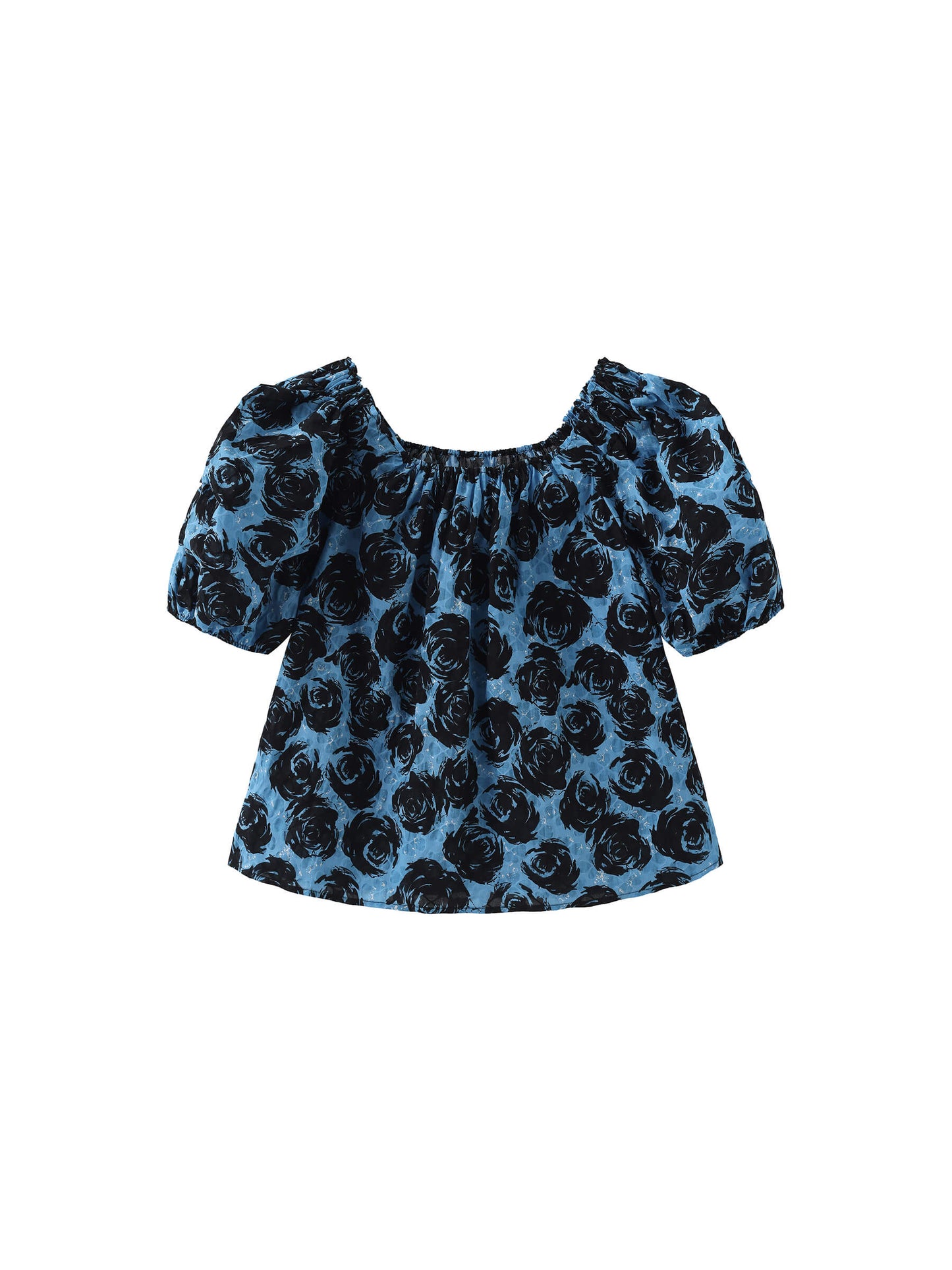 Puff Sleeve Rose Print Cotton T-shirt