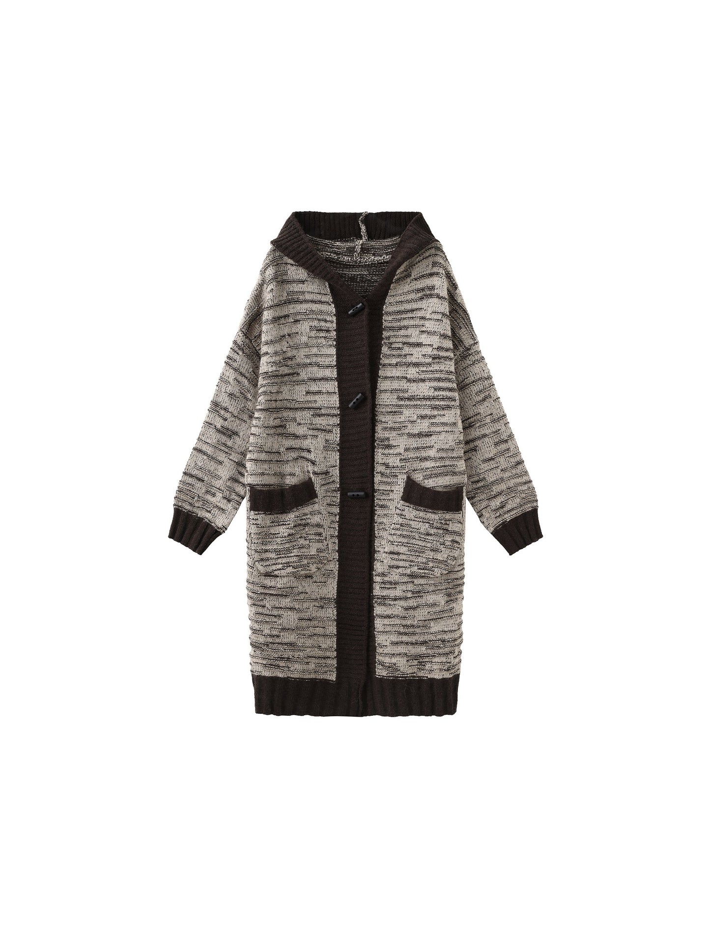 Contrasting Hooded Long Knitted Cardigan