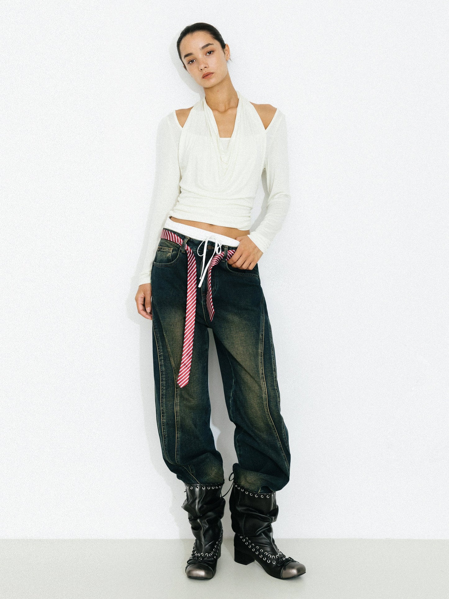 Halter V-Neck Long-Sleeve T-Shirt