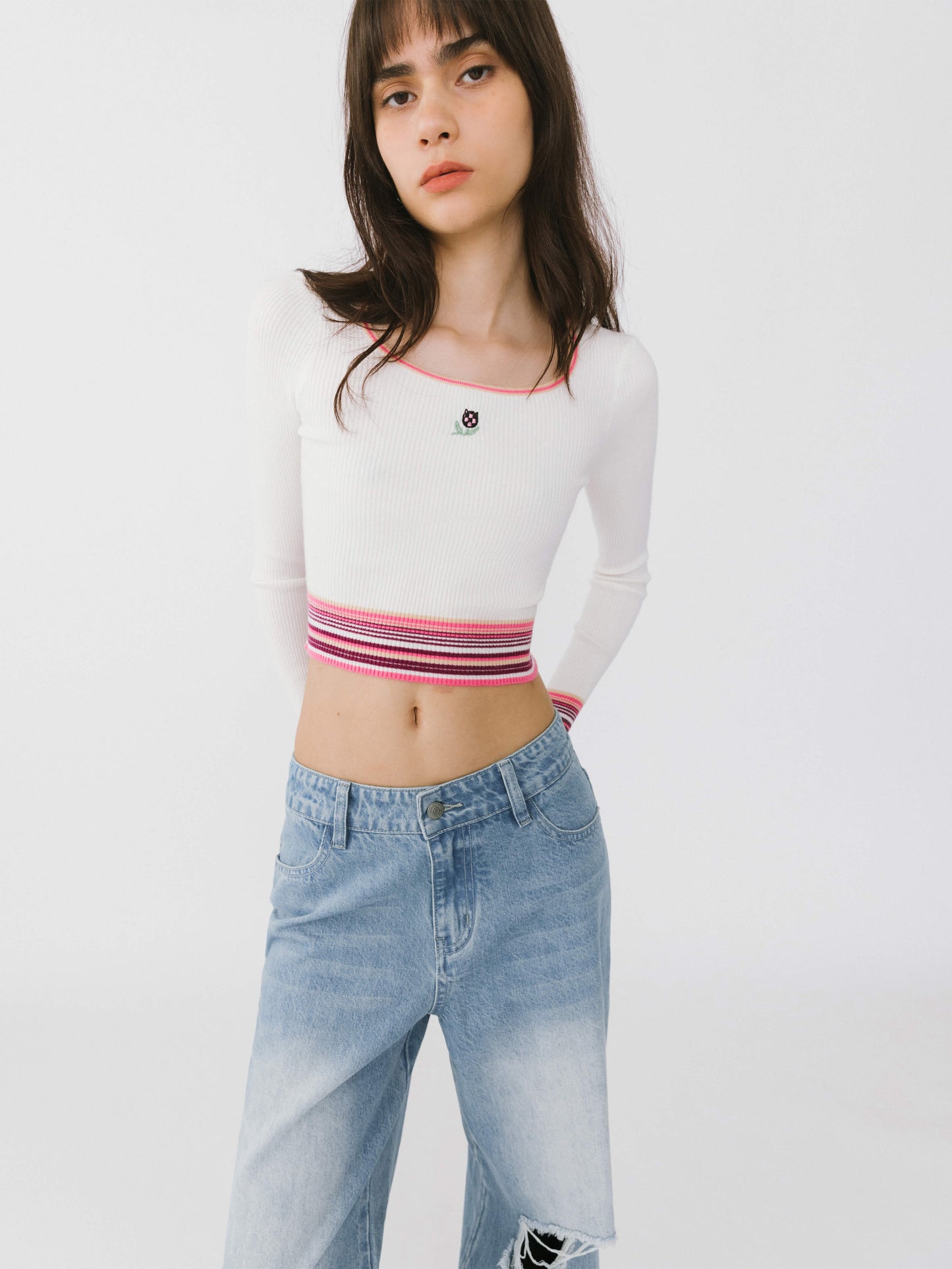 Boat Neck Long Sleeve Knit Top