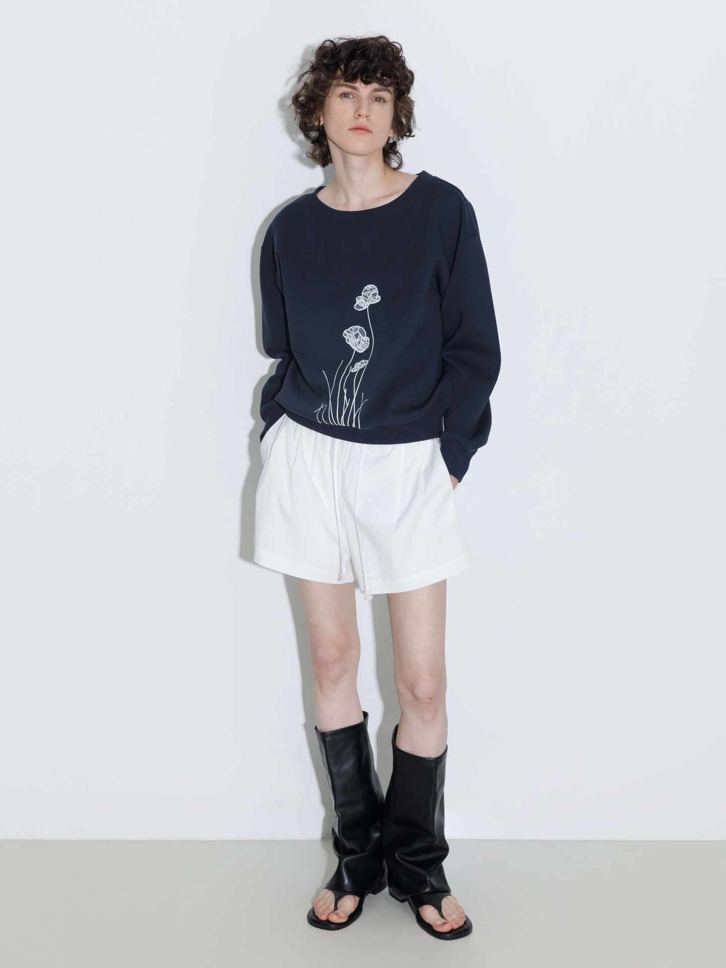 Lace Print Oversized Sweatshirt with Wide Neckline