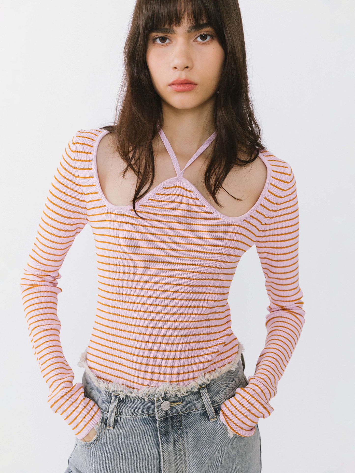 Chest Cut Out Striped Long Sleeve Top