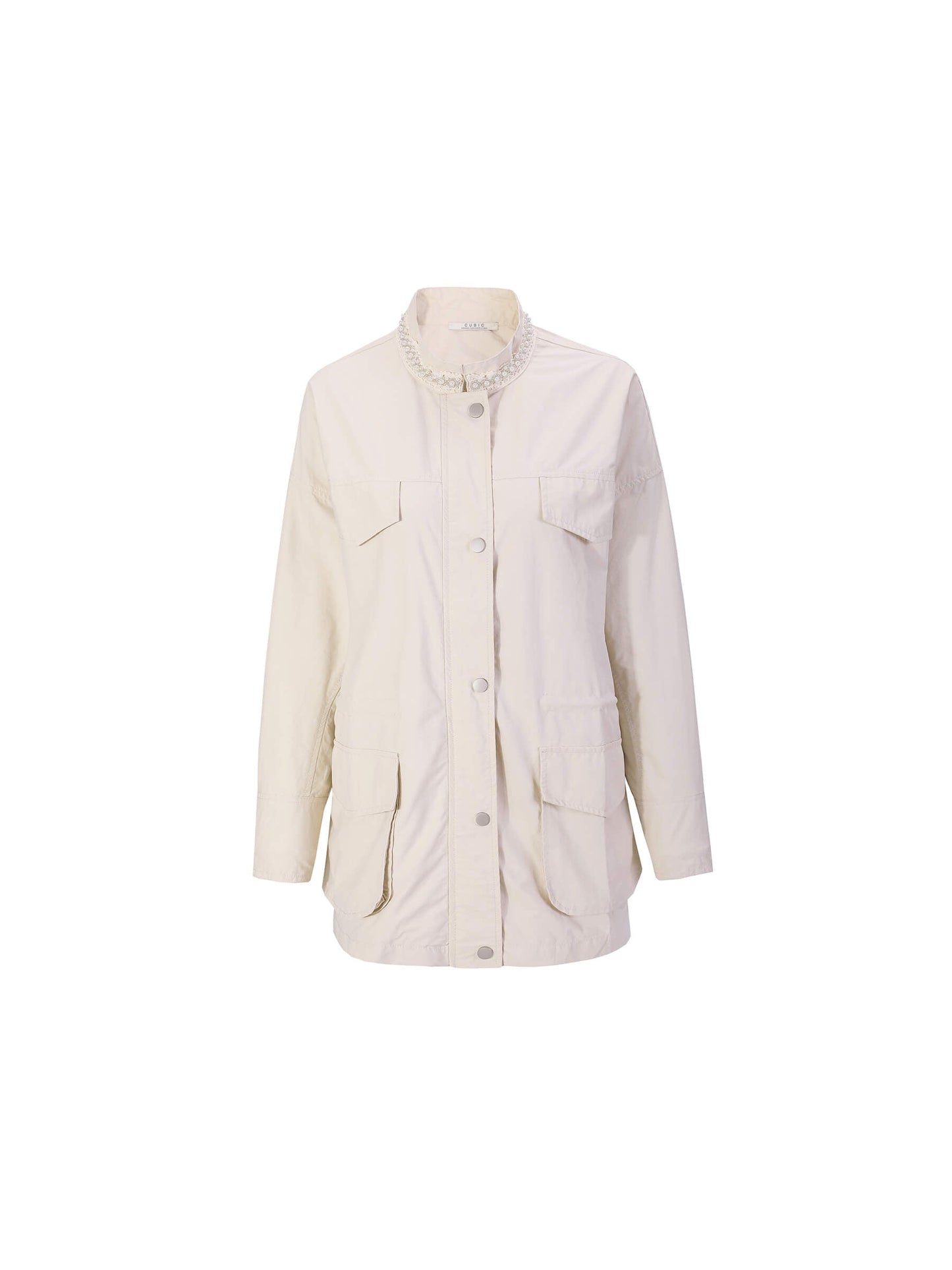 Beige Cargo Jacket With Pearl Neckline