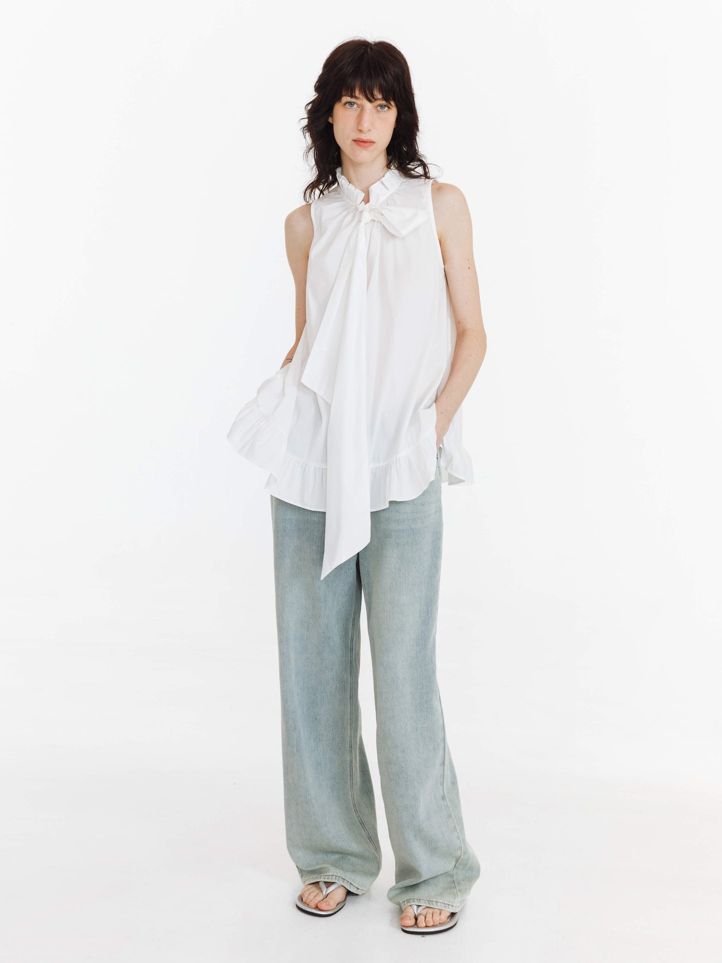 Ruffle Stand Collar Tie A-line Tank Top