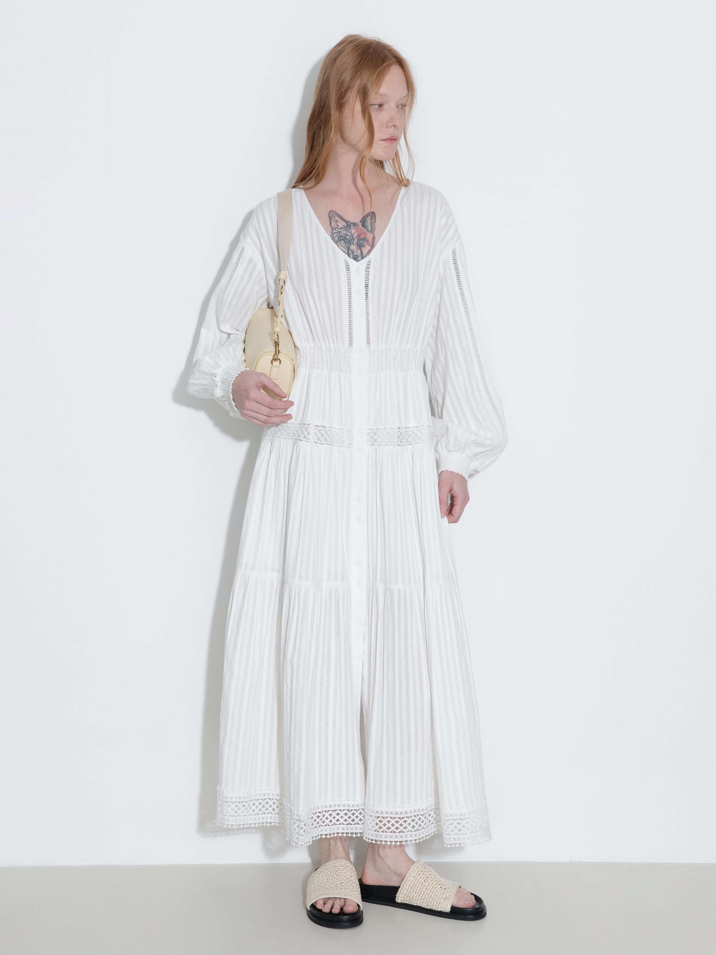 100% Cotton Lace Hollow V-Neck Waist-Cinched Maxi Dress