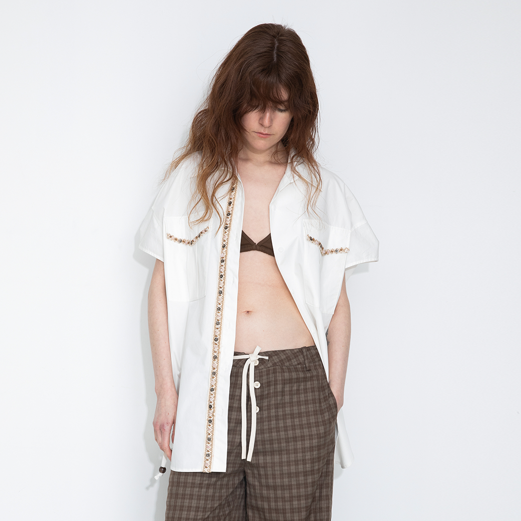 Beaded Placket Utility Short-Sleeve Shirt