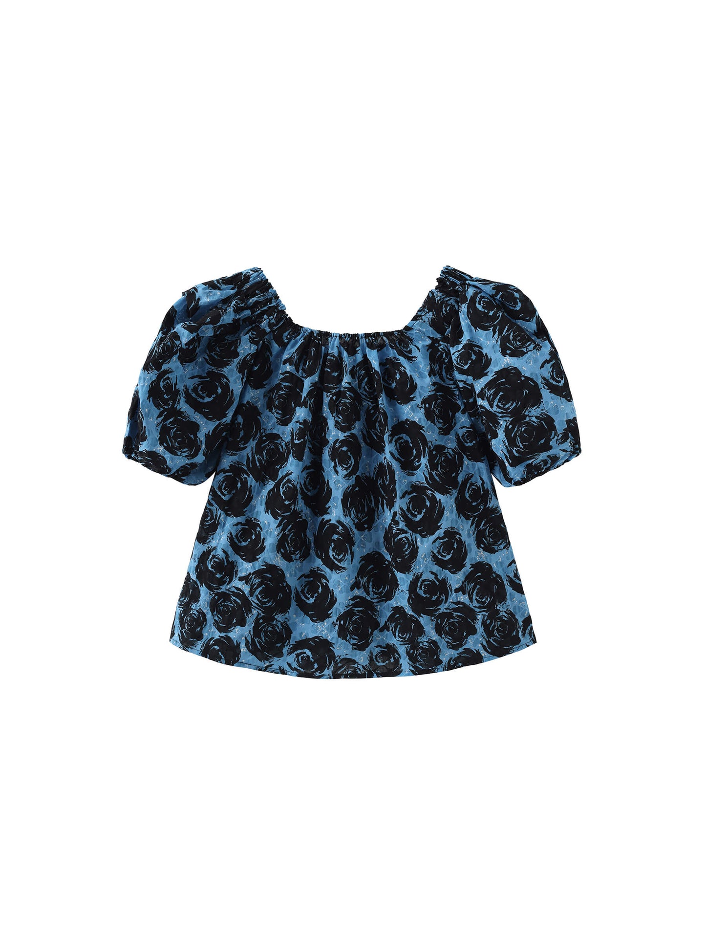 Puff Sleeve Rose Print Cotton T-shirt