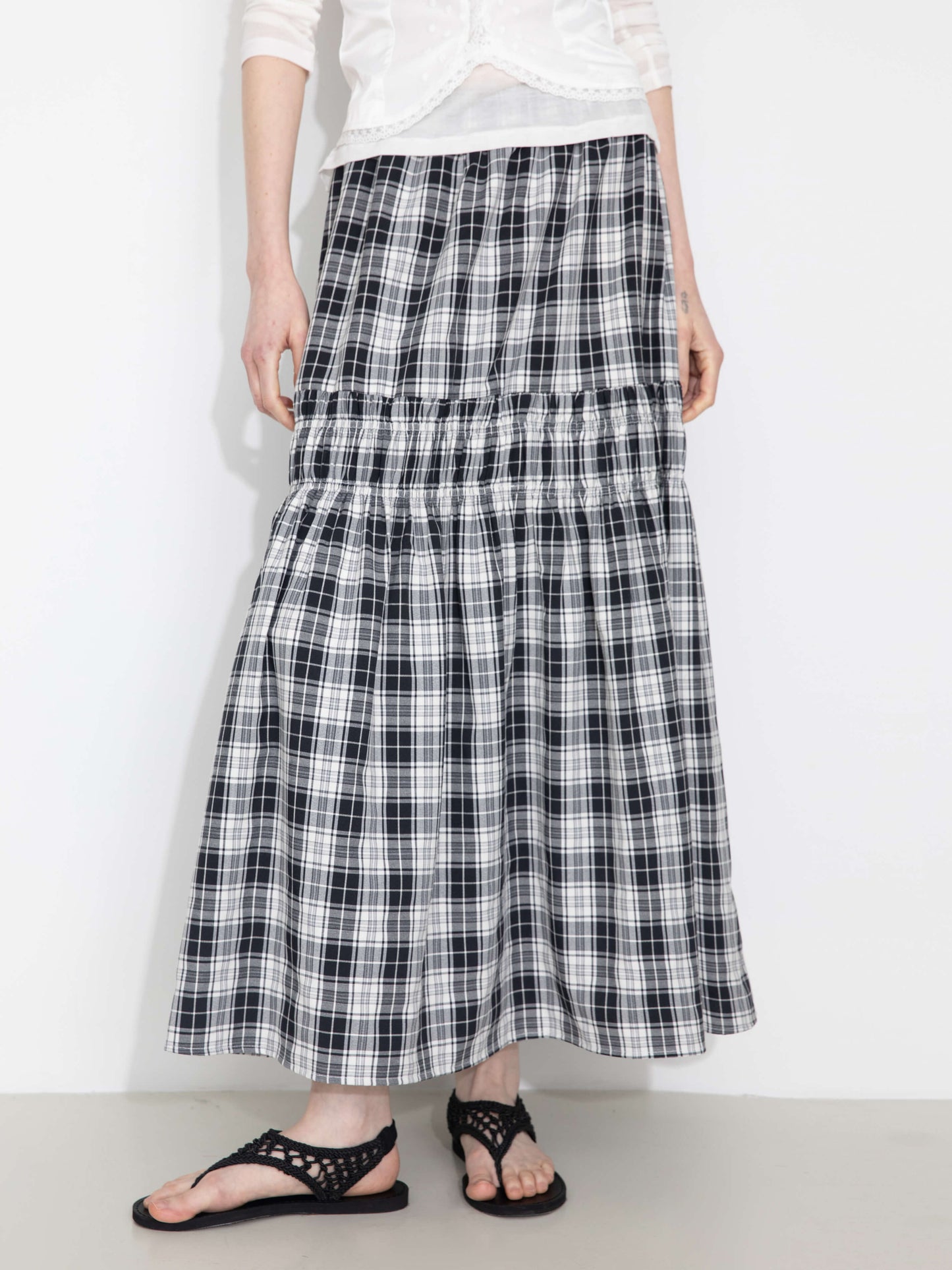 Elastic Drawstring High Waist Checked Skirt