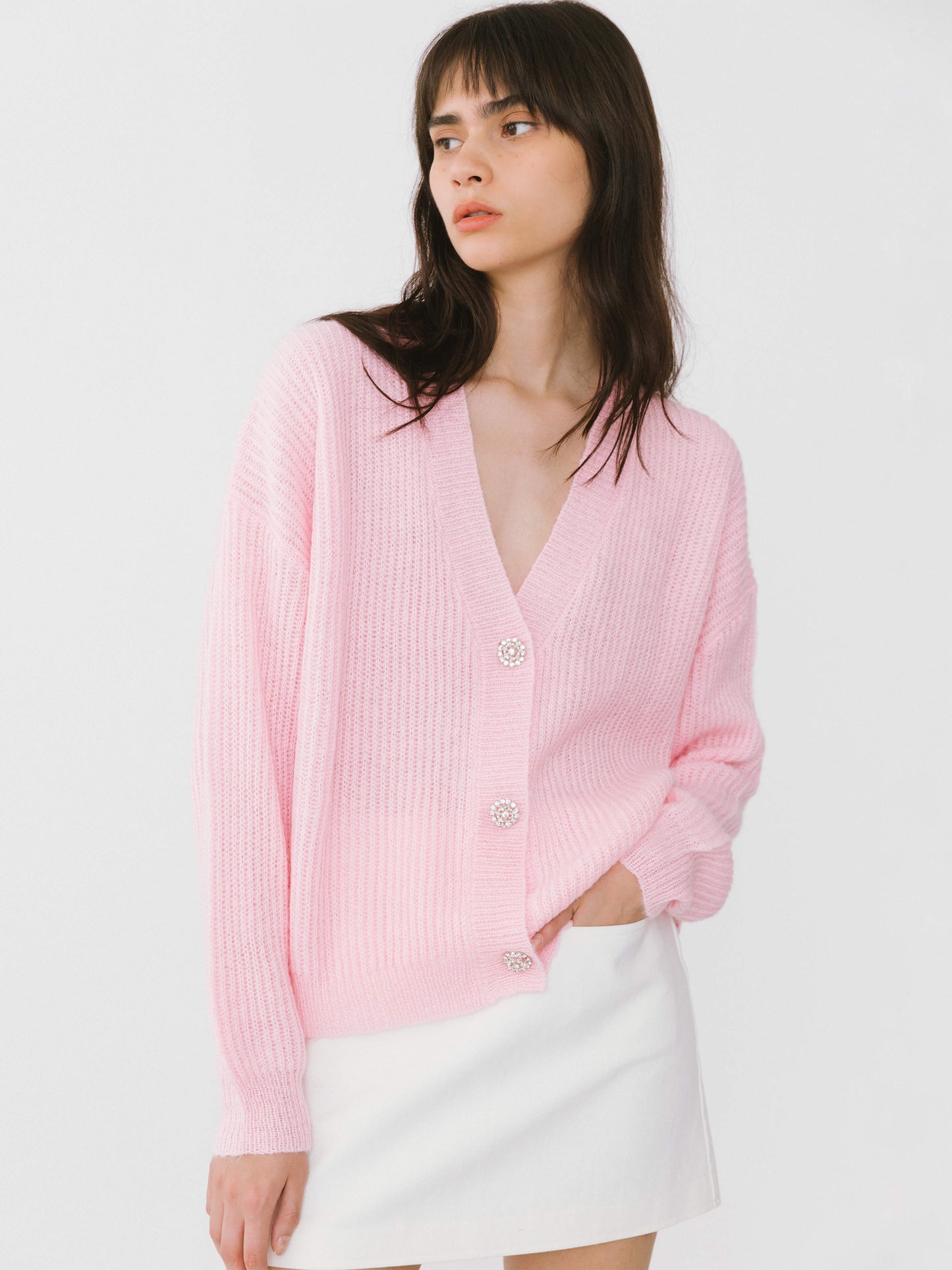 Casual V-Neck Ribbed Knit Cardigan with Wool Blend